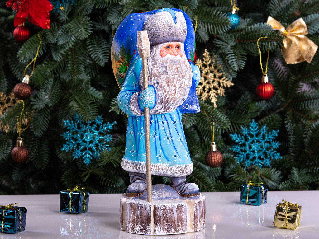 Hand carved Santa wooden statue 11 inch, folk art backpack scene