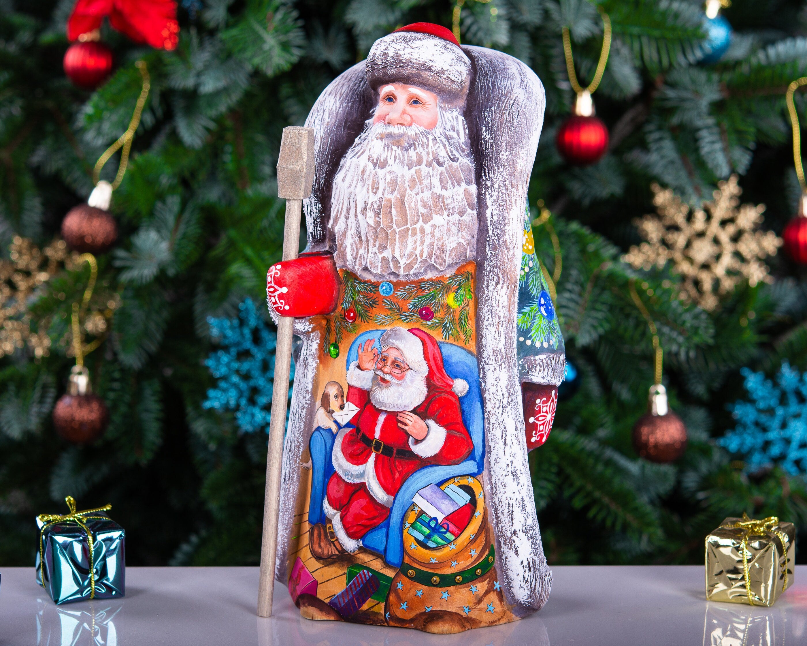 Wooden Santa Christmas figurine 9.5 inch, colorful tree and ornaments, gift for Santa lovers