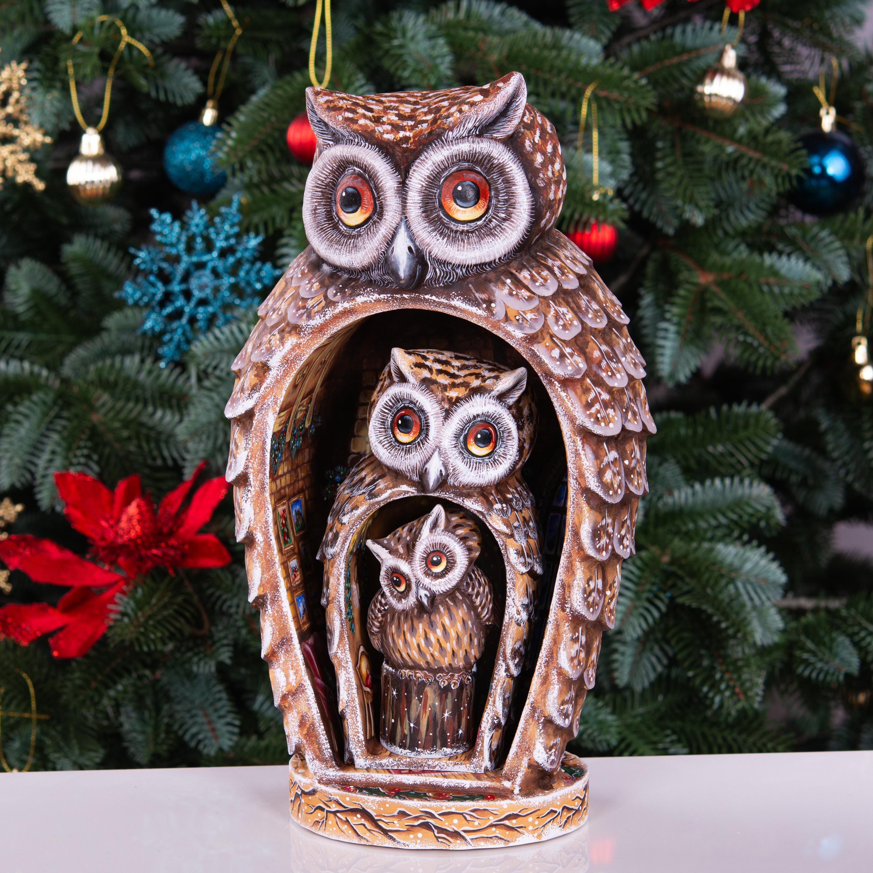 Hand Carved Christmas Owl Figurines: Wooden Nesting Set with Hand-Painted Fireplace Interiors