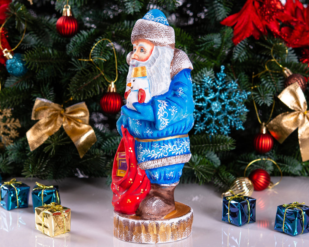 Hand carved Santa wooden figurine 10 inch, snowman toy & gift sack, mantel decor