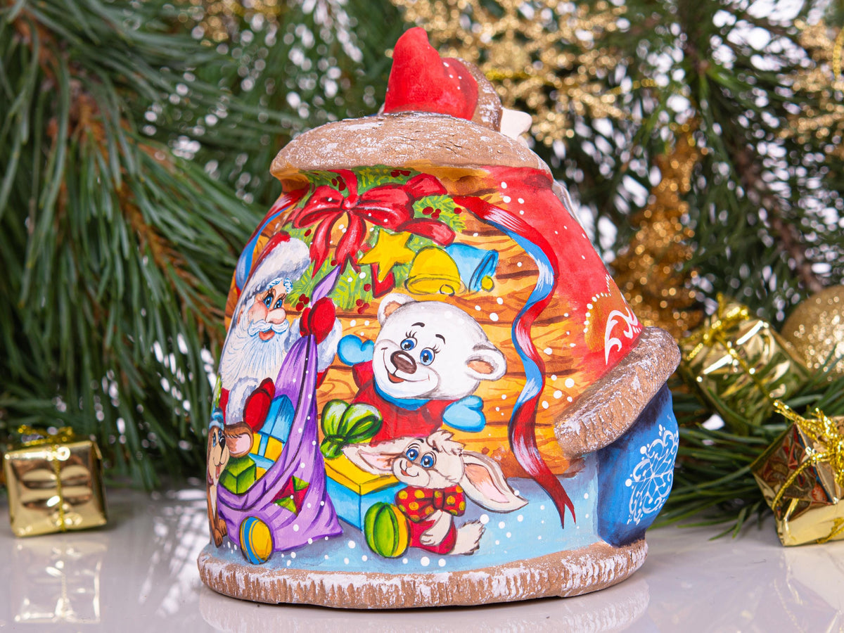 Hand carved Santa wooden figurine 6.3 inch, toy workshop scene
