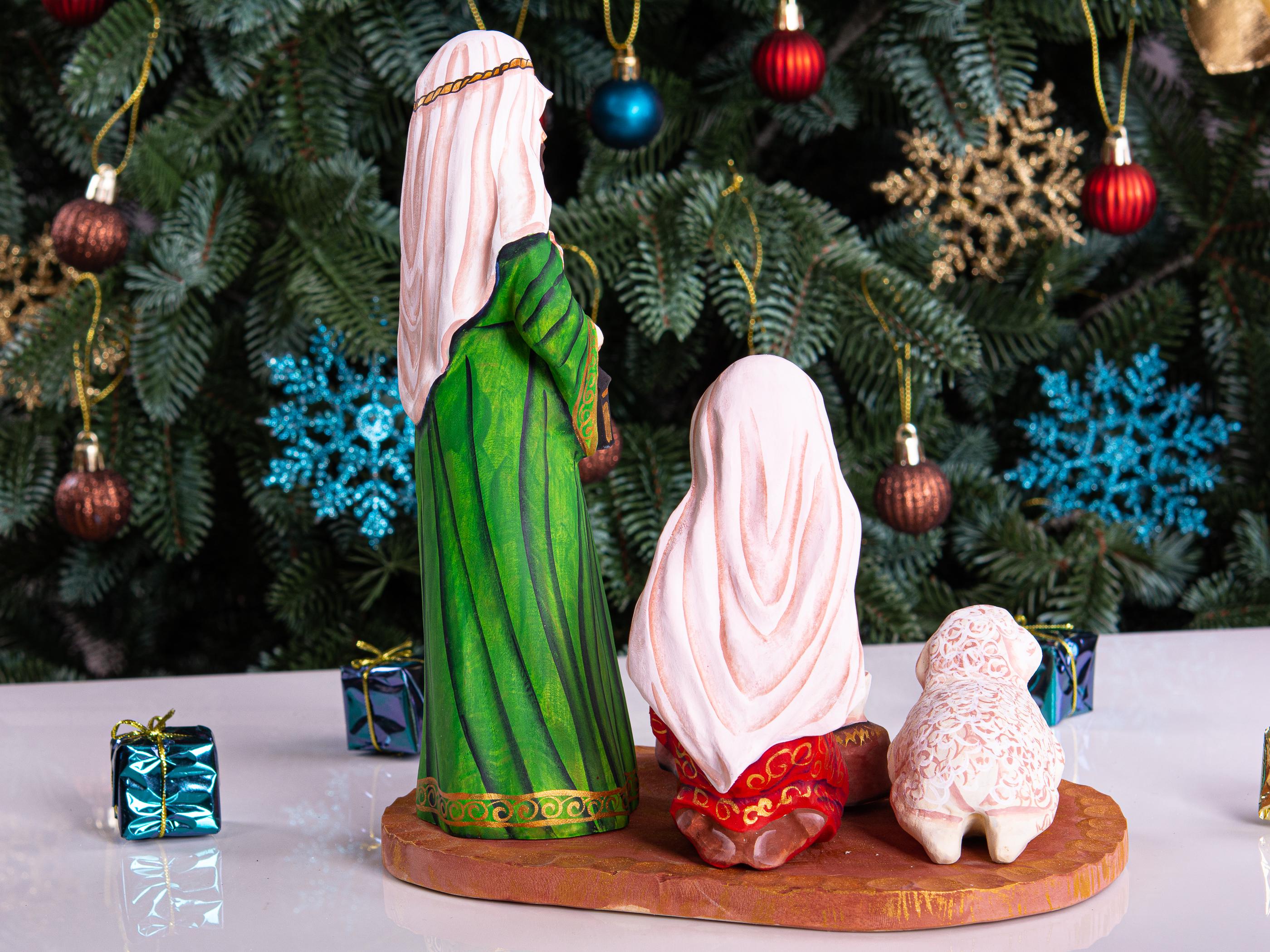 Hand Carved Wooden Nativity Set: Painted Christmas Crèche with Mary, Joseph, Jesus & Sheep