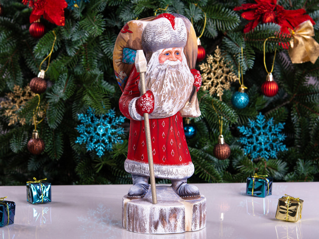 Hand carved wooden Santa figurine 11 inch, workshop fireplace scene, rustic mantel centerpiece decor