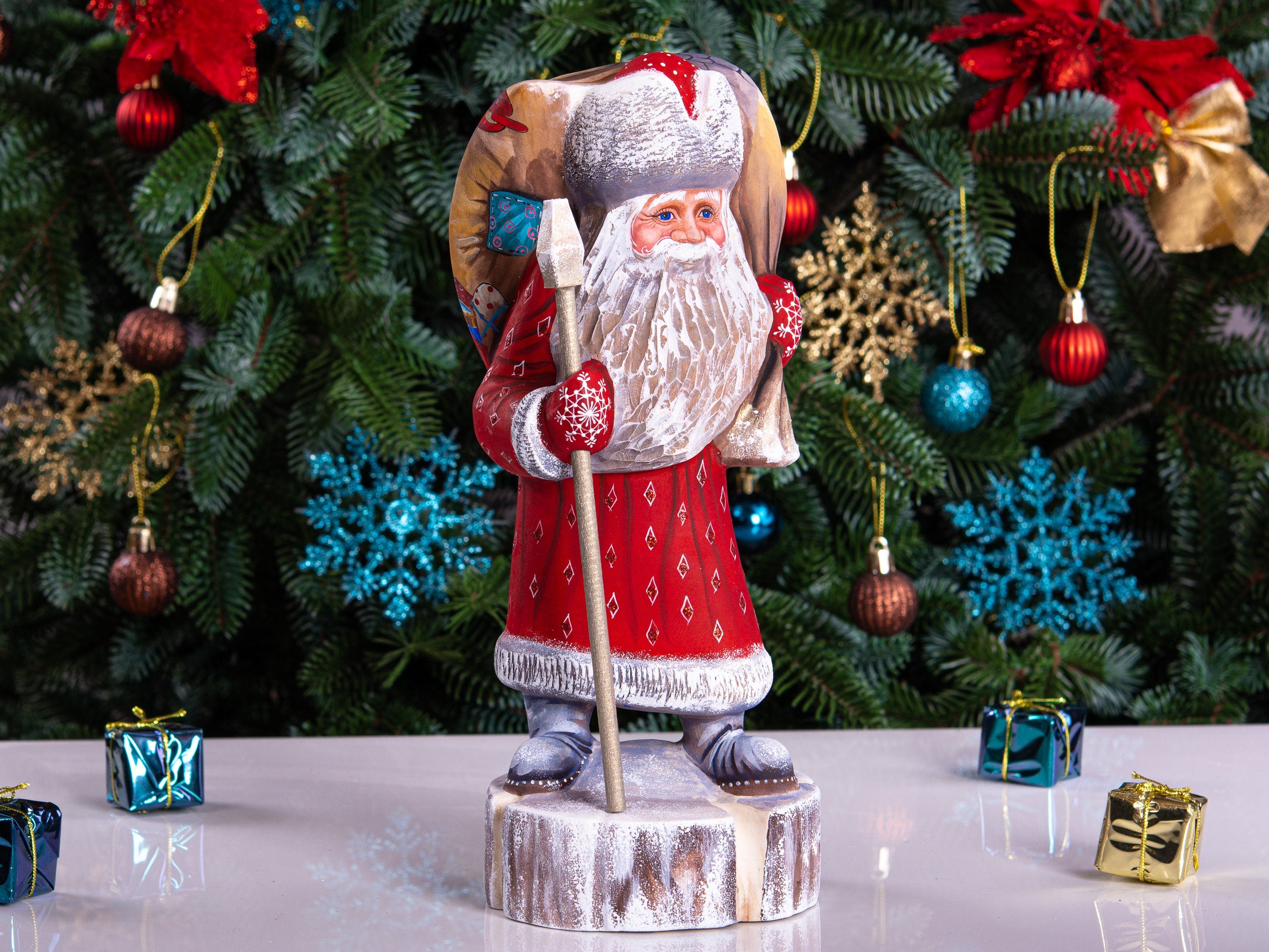 Hand carved wooden Santa figurine 11 inch, workshop fireplace scene, rustic mantel centerpiece decor