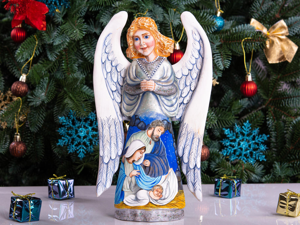 Hand carved Angel figurine 10 inch, Holy Family Nativity display