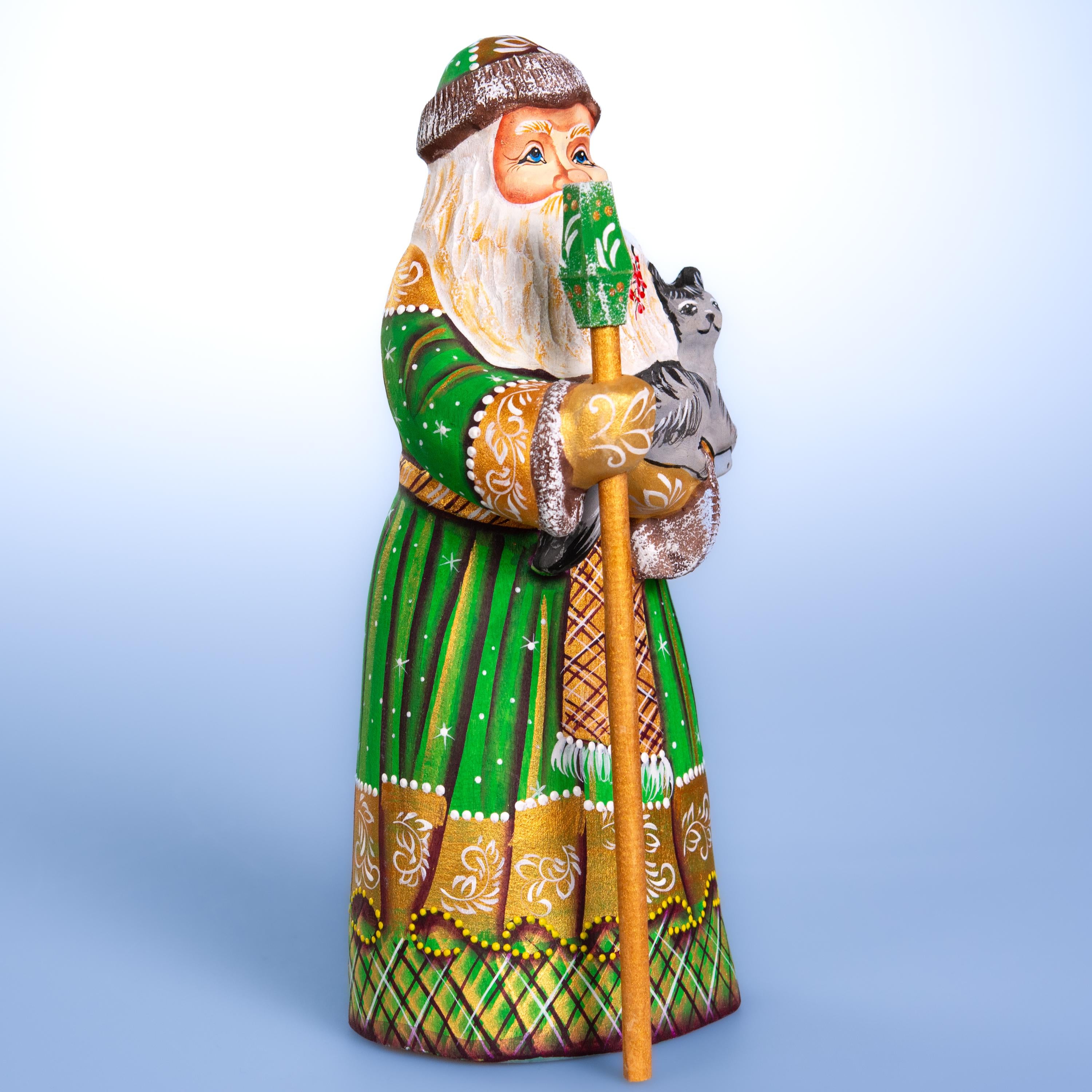 Kris Kringle wooden figurine 9 inch, green coat, cat lover gift