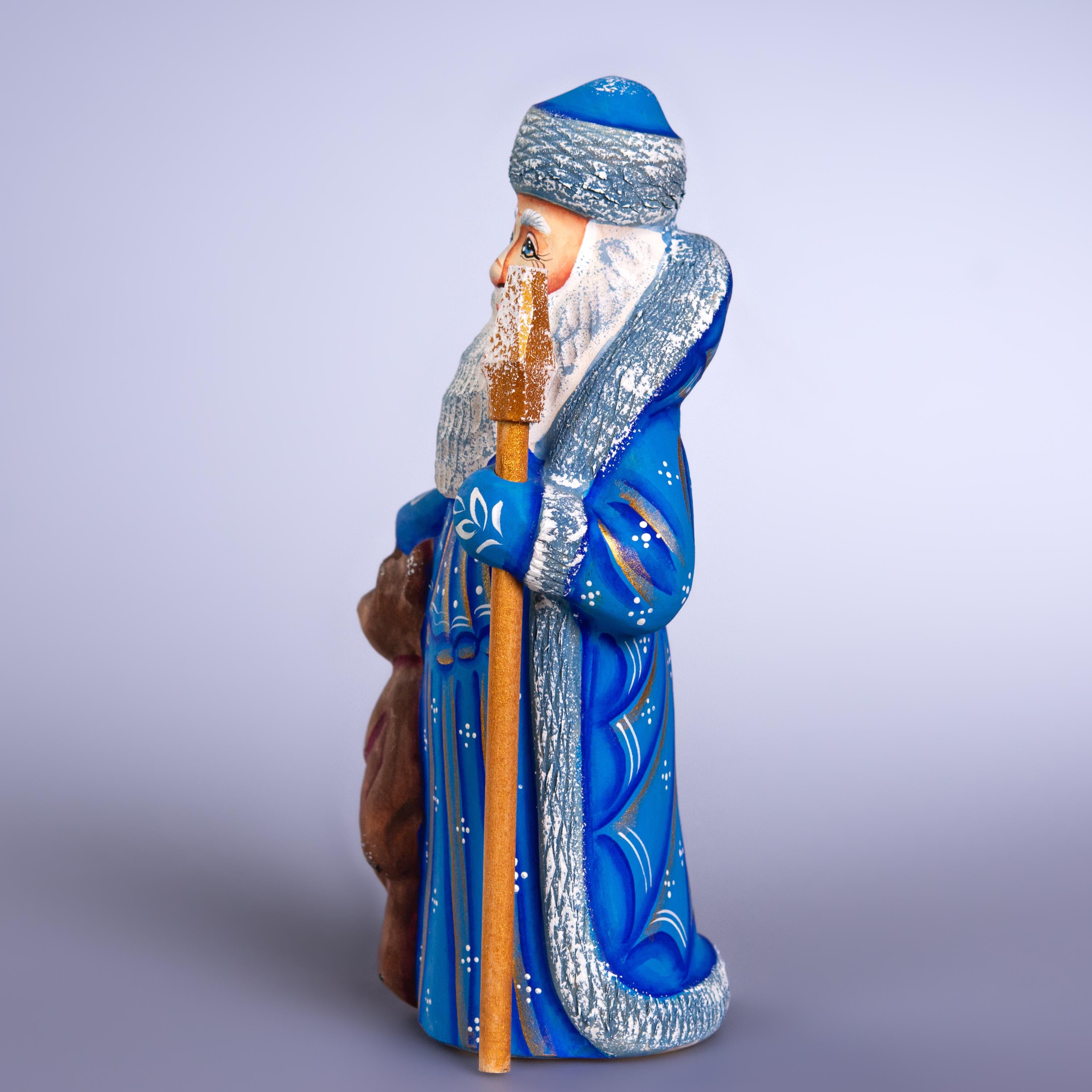 Old World Father Christmas Figurine 8 inch, Blue Robe, Santa with Bear, Hand Painted