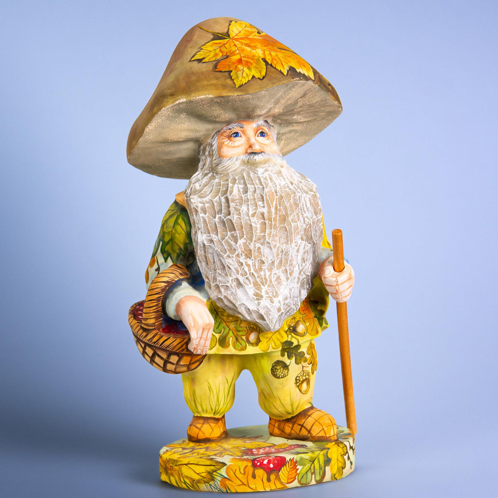 Mushroom gnome wood carving 11 inch, oak leaves, tabletop decor