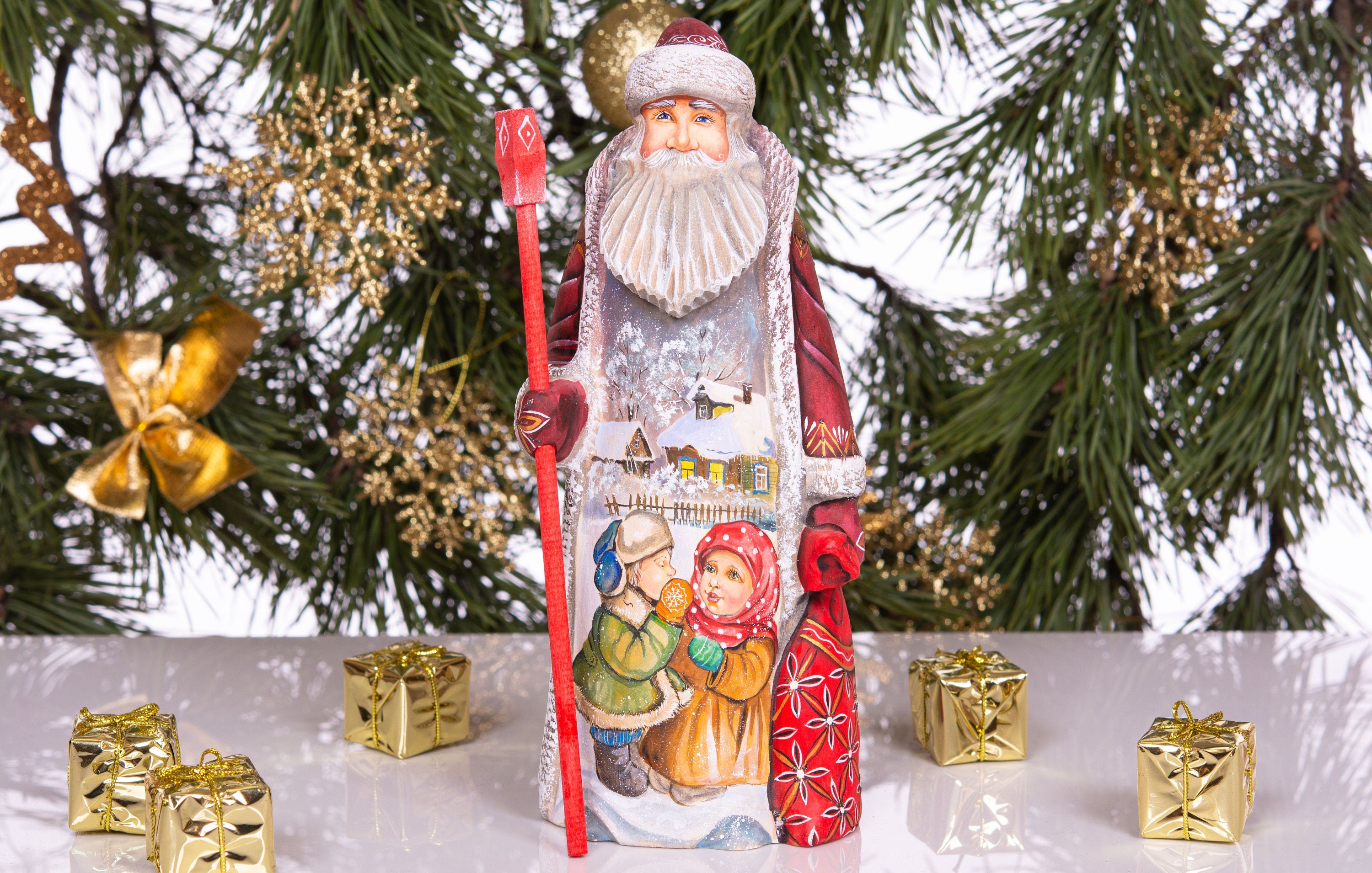 Kris Kringle hand carved wooden figurine 9 inch, gift sack & staff, Christmas home accent