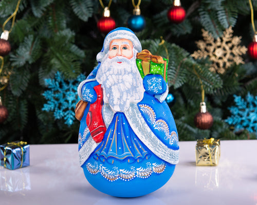 Hand carved blue Santa wooden figurine 7 inch, gift boxes, Christmas mantel decor