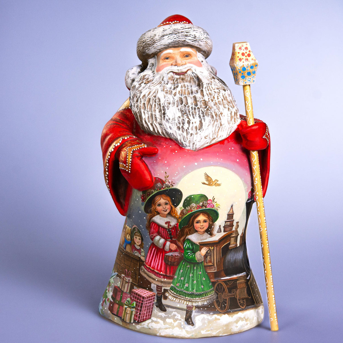 Hand-Carved Wooden Santa 14" with Christmas Train & Winter Village