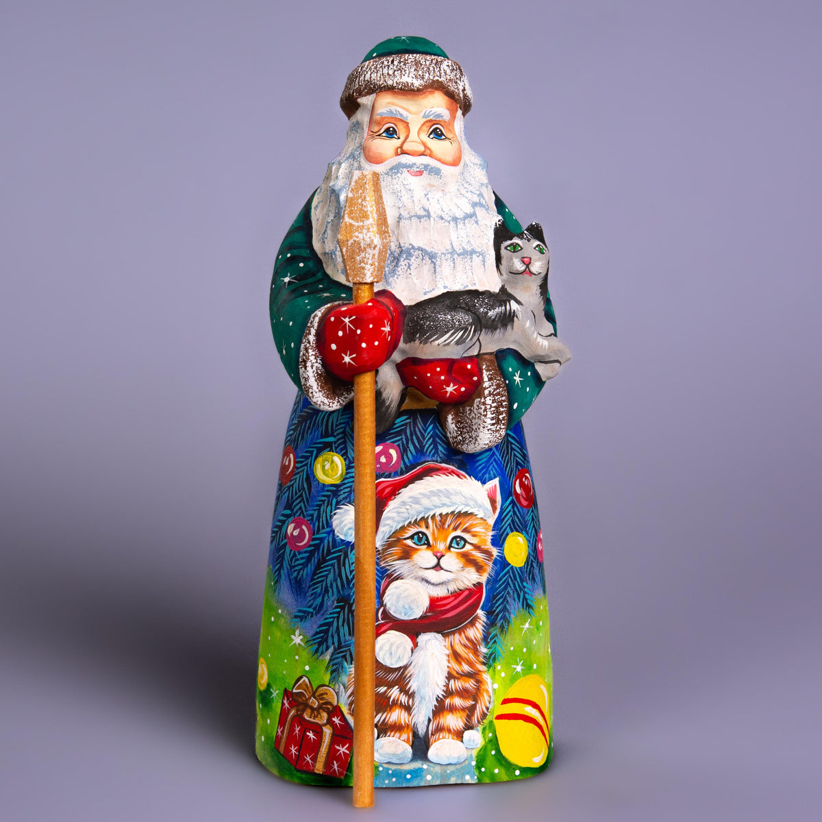 Hand carved Santa with kitten wood figurine 9 inch, cat lover mantel decor