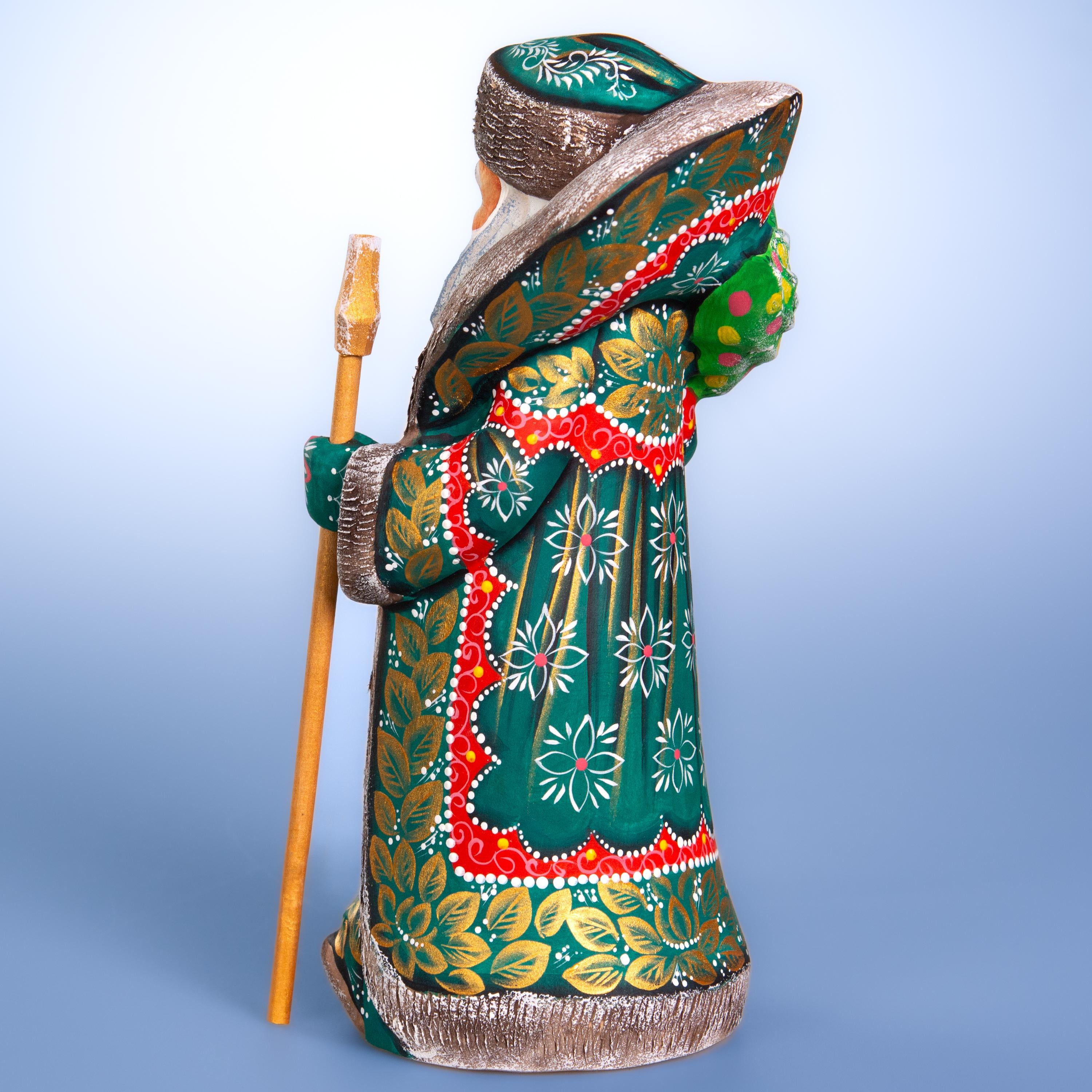 Old World Santa figurine 10.2 inch, carved wood, emerald coat, holiday shelf decor