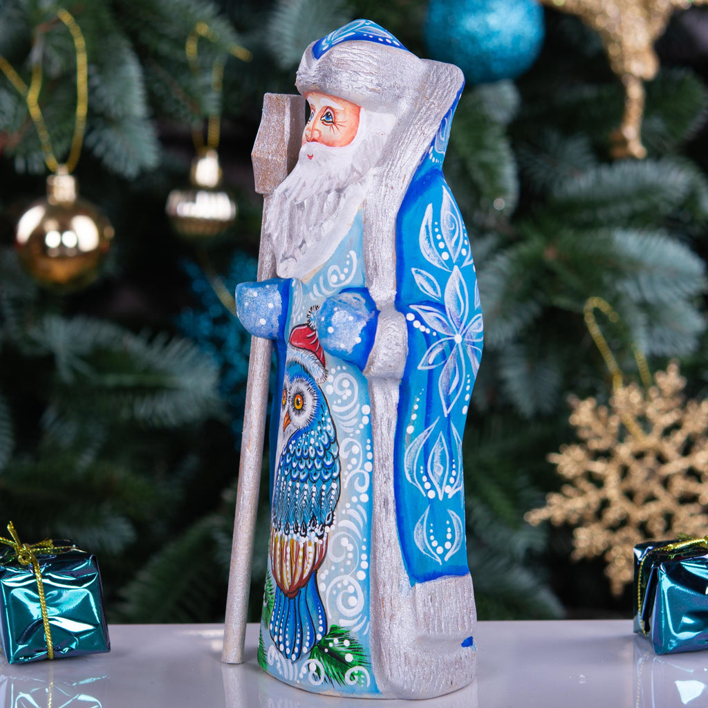 Hand carved blue Santa figurine 7 inch, owl painting, Nordic folk art centerpiece