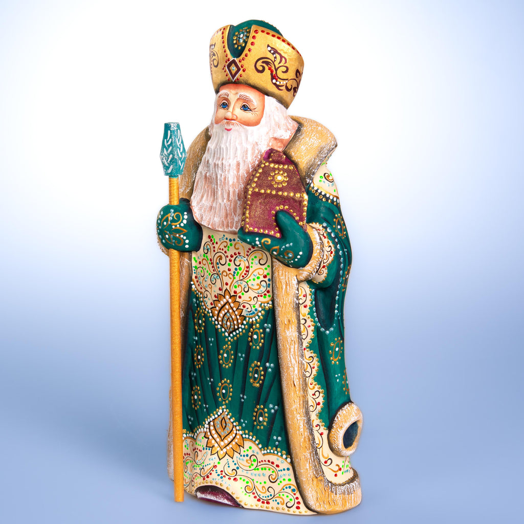 Kris Kringle Santa figurine 12 inch, emerald coat mantel display