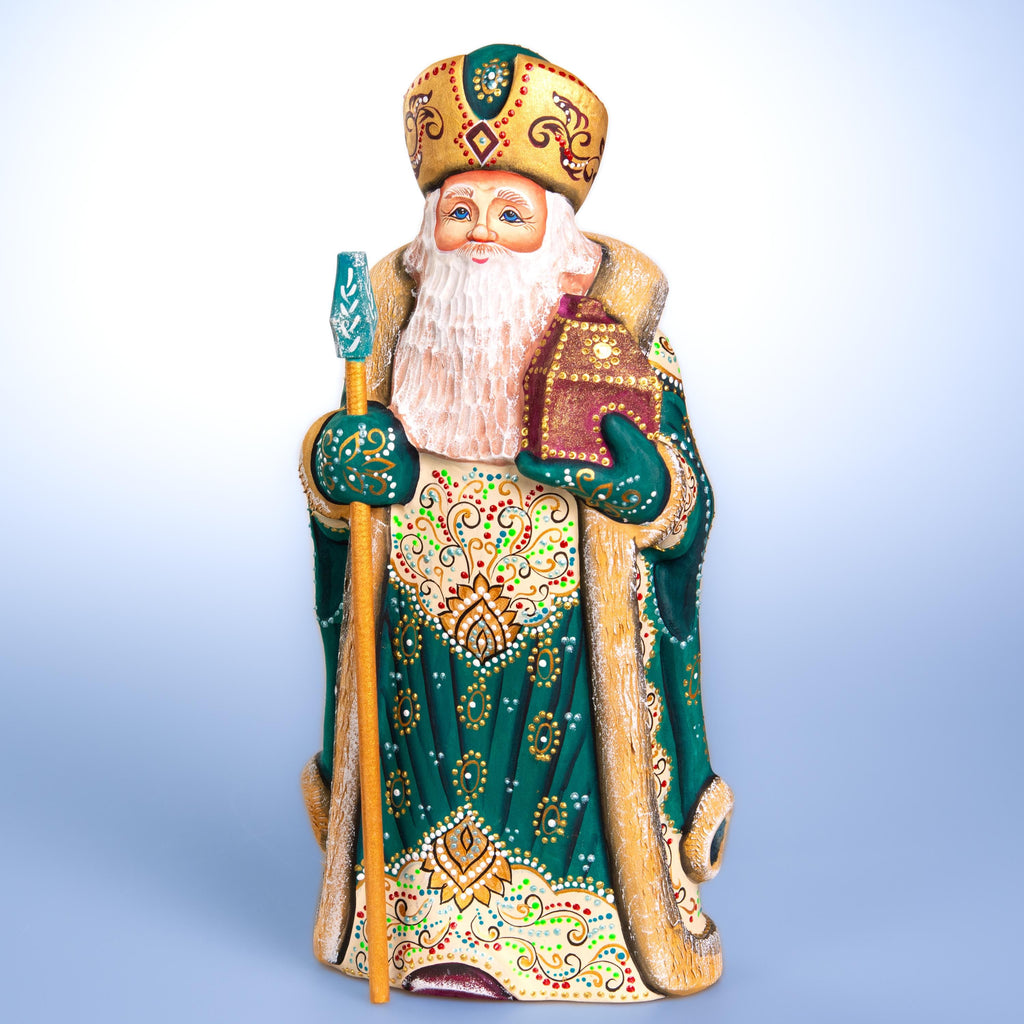 Kris Kringle Santa figurine 12 inch, emerald coat mantel display