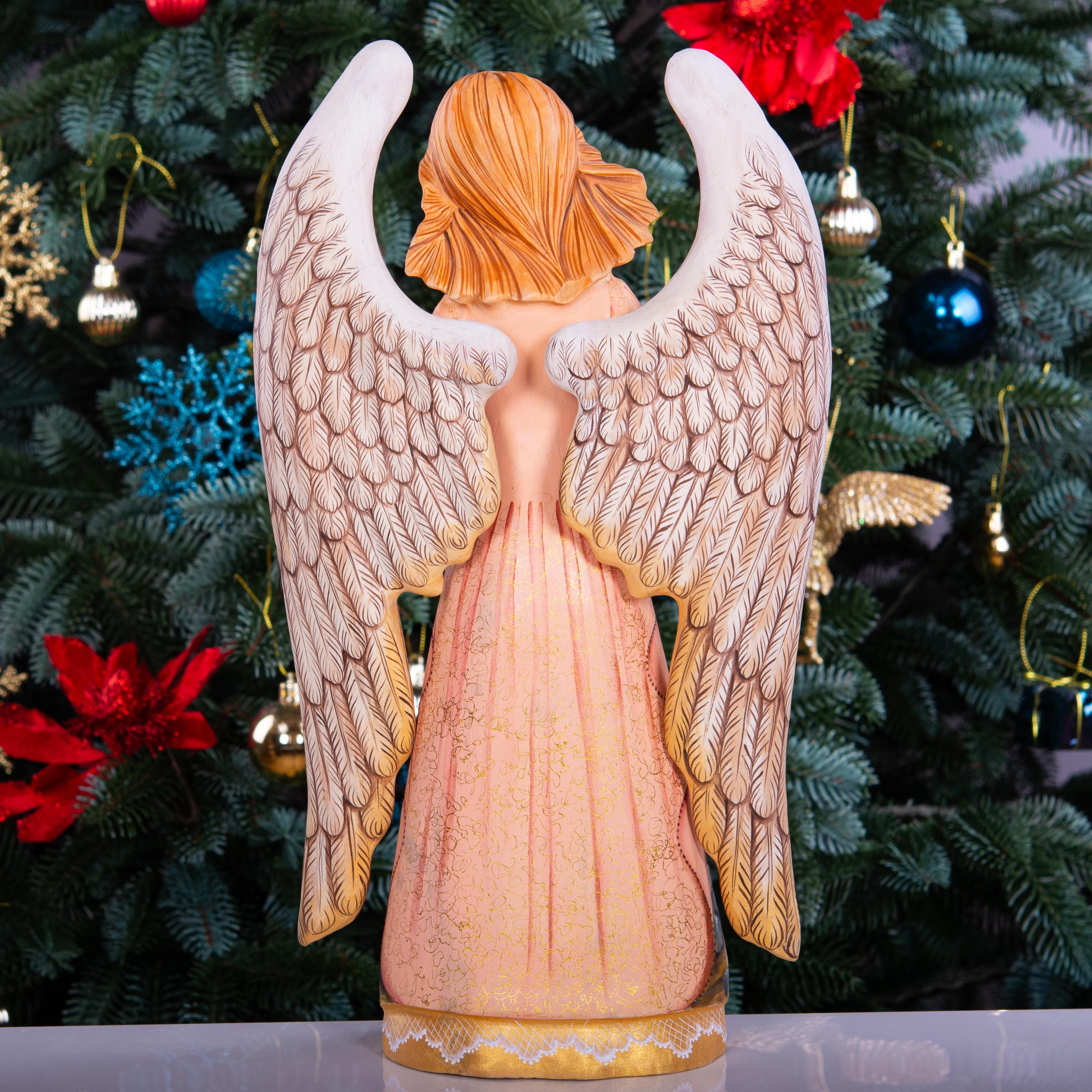 Hand Carved Wood Angel Statue: Nativity Art, Christian Decor