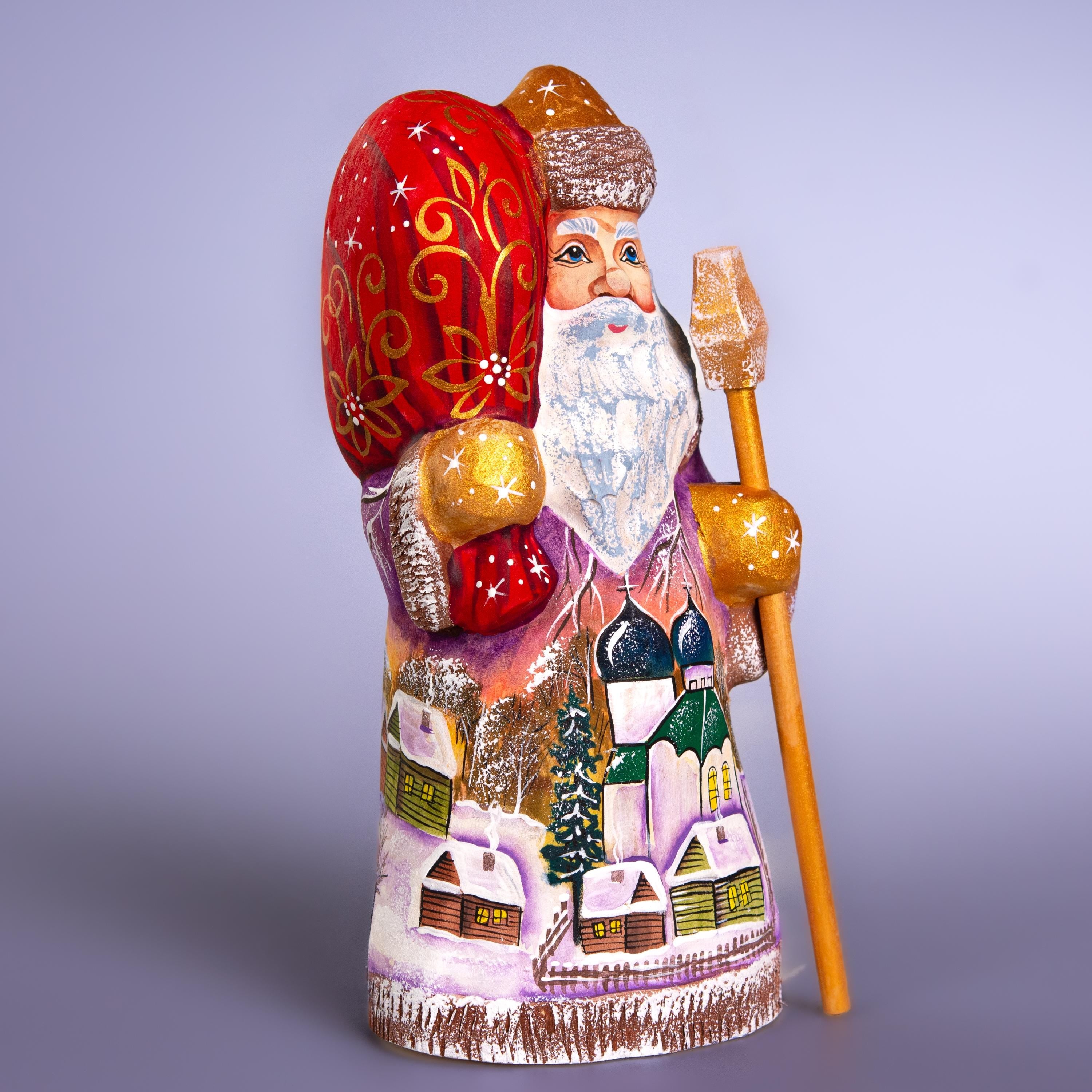 Hand-Painted Santa Figurine: Winter Village Scene, Wooden Christmas Decor