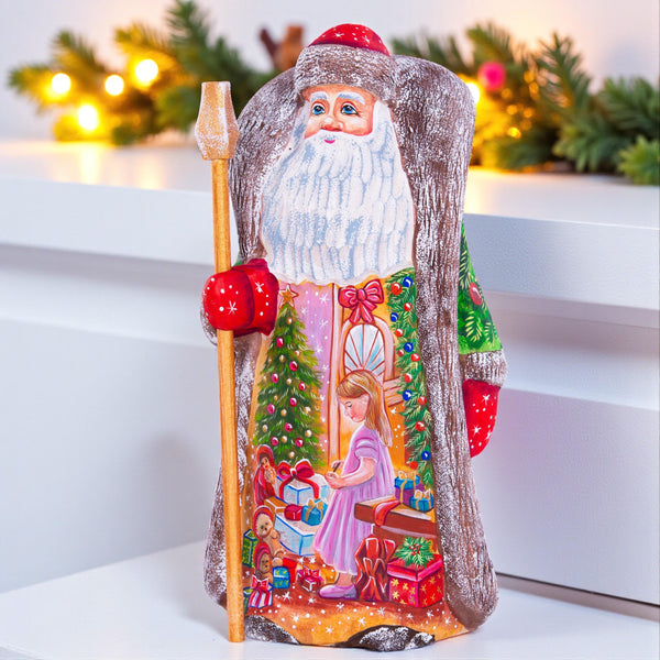 Hand Carved Santa Figurine 9 inch: Christmas Girl Scene, Festive Door Art
