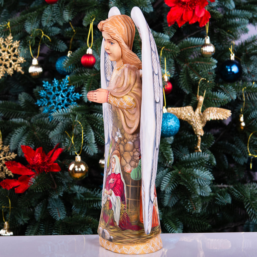 Wooden Angel Statue 12.9", Hand Carved, Nativity Art, Christian Decor