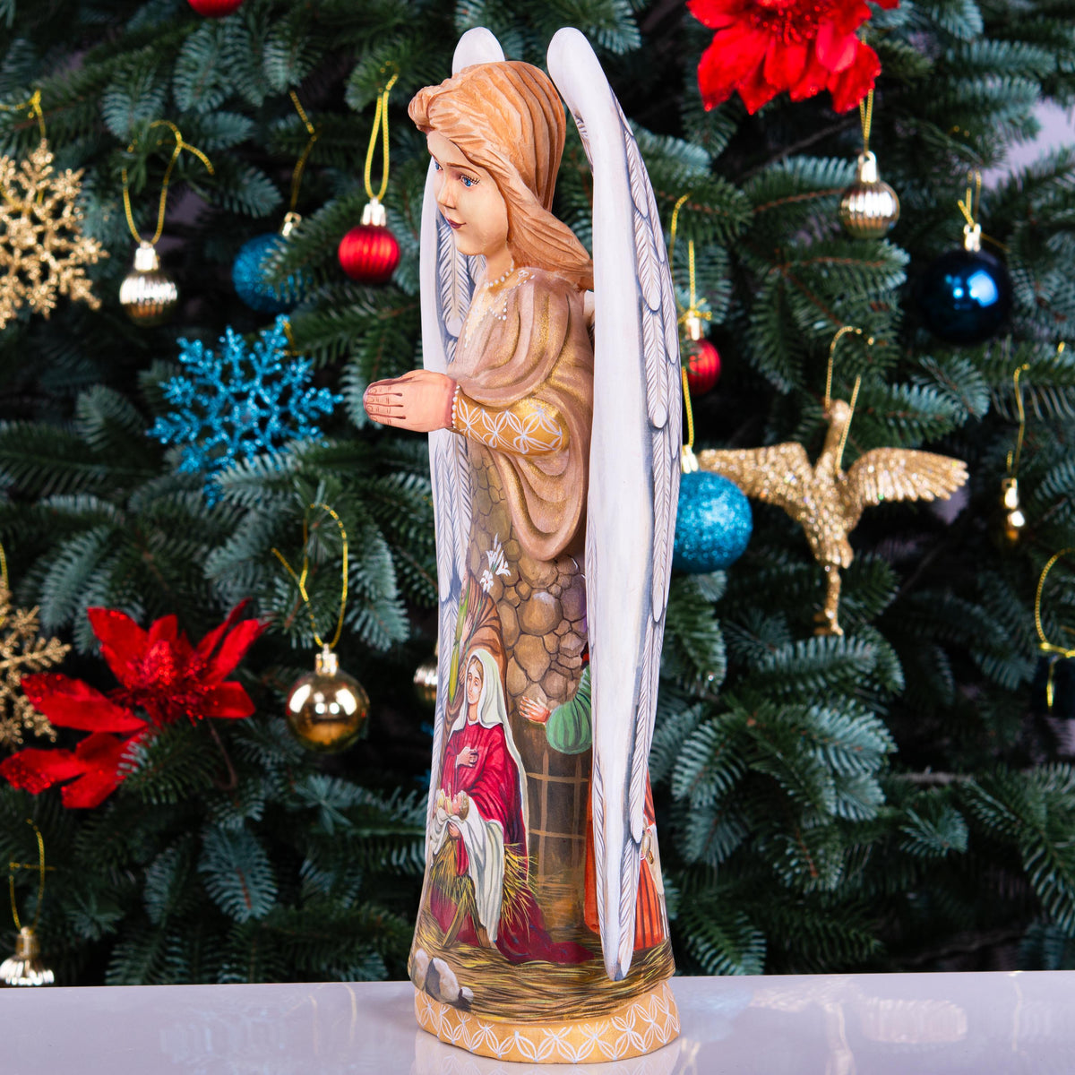 Wooden Angel Statue 12.9", Hand Carved, Nativity Art, Christian Decor