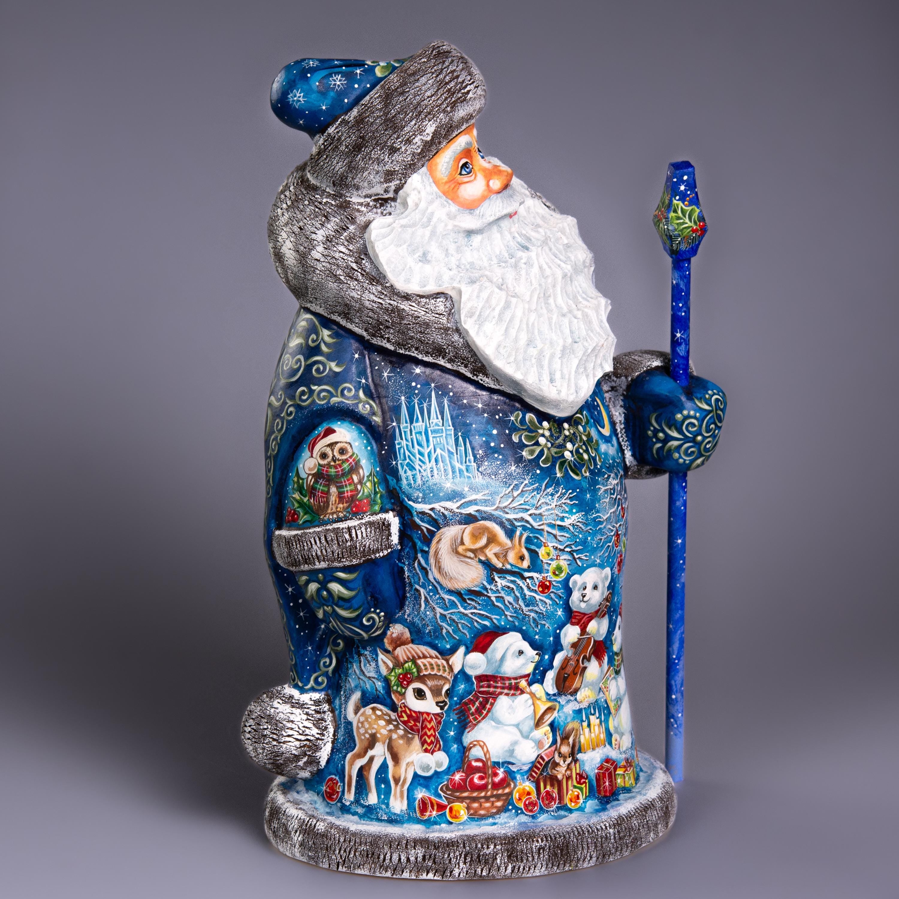 Collectible 14" Wooden Santa Figurine, Blue Coat & Woodland Animals – Holiday Decor