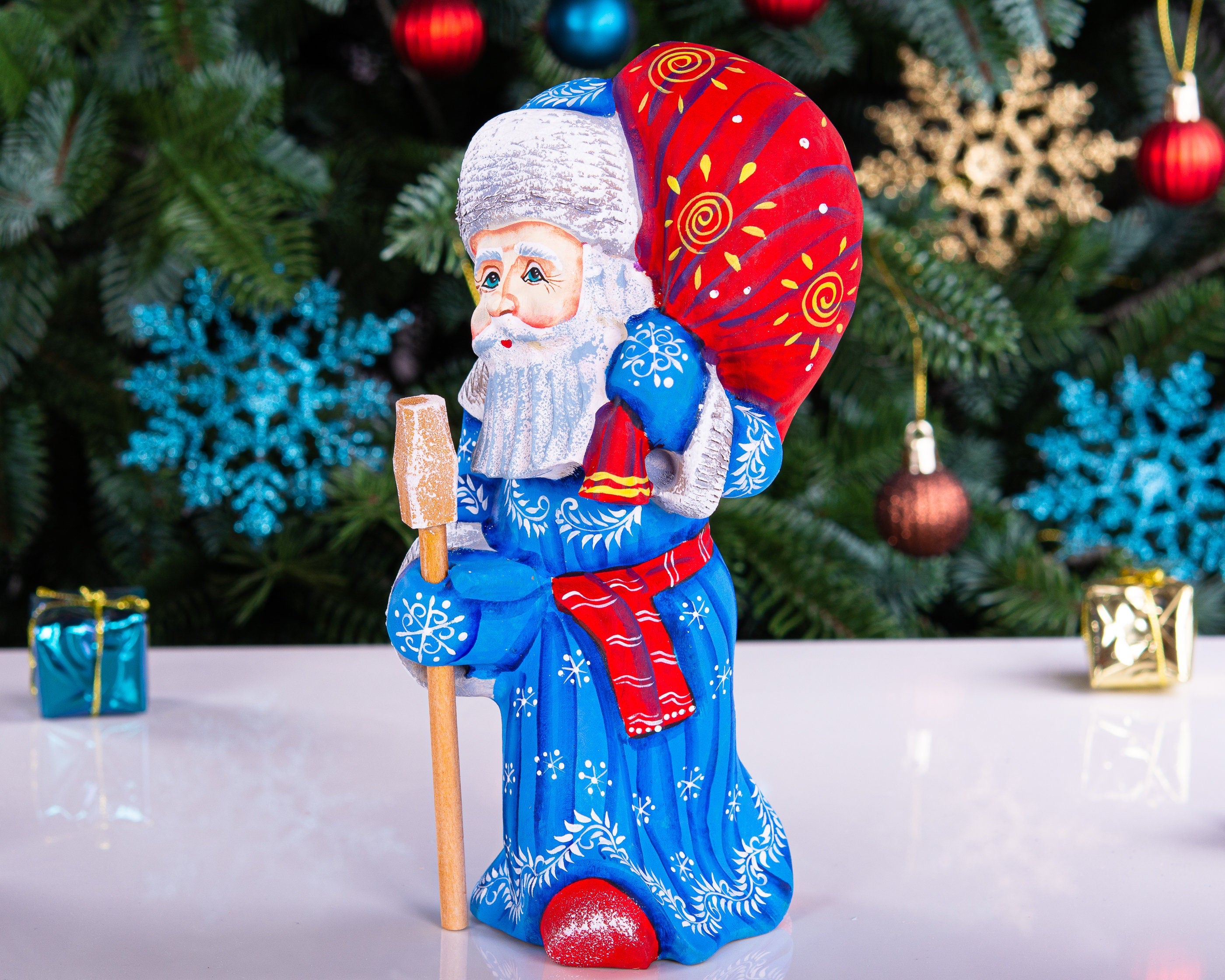 Hand carved blue Santa wooden figurine 7.9 inch, gift sack and staff, centerpiece