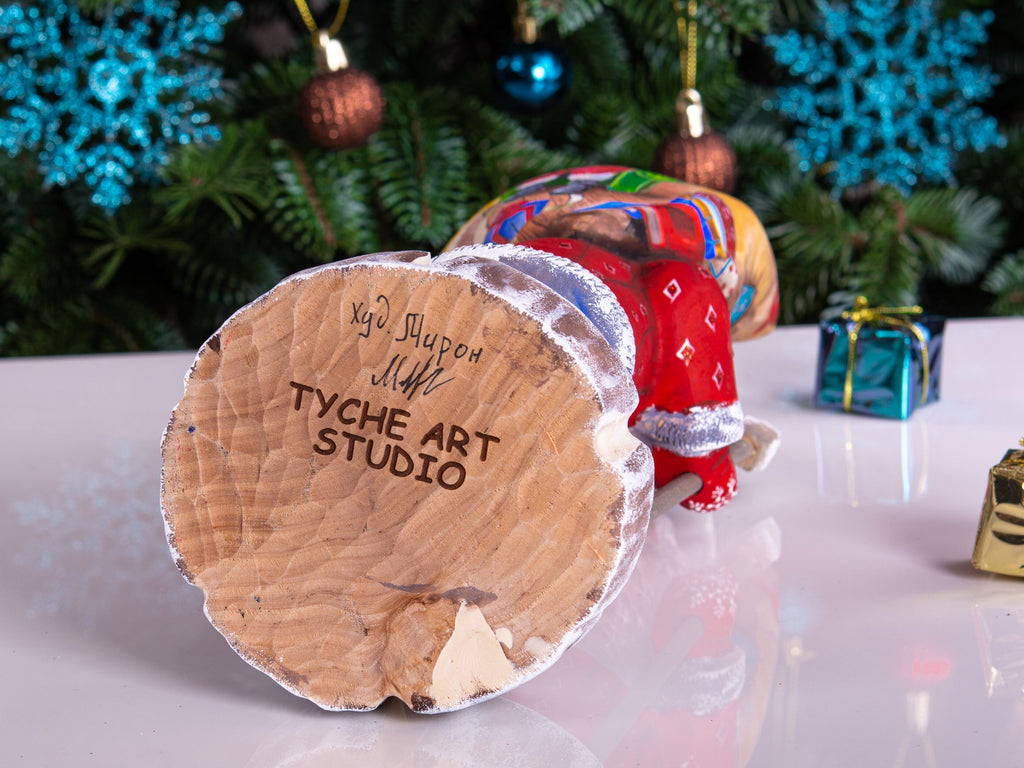 Hand carved wooden Santa figurine 11 inch, workshop fireplace scene, rustic mantel centerpiece decor