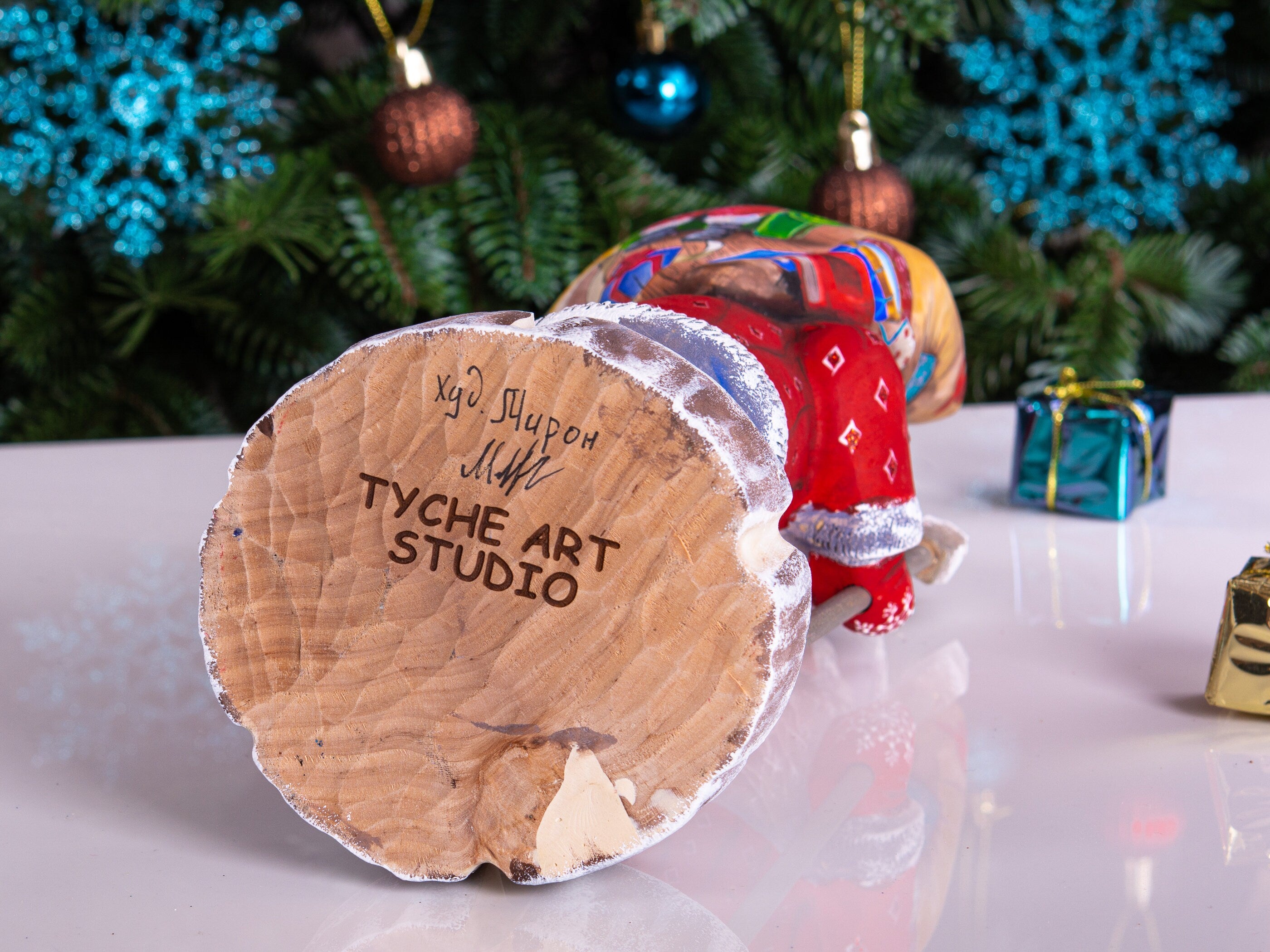 Hand carved wooden Santa figurine 11 inch, workshop fireplace scene, rustic mantel centerpiece decor