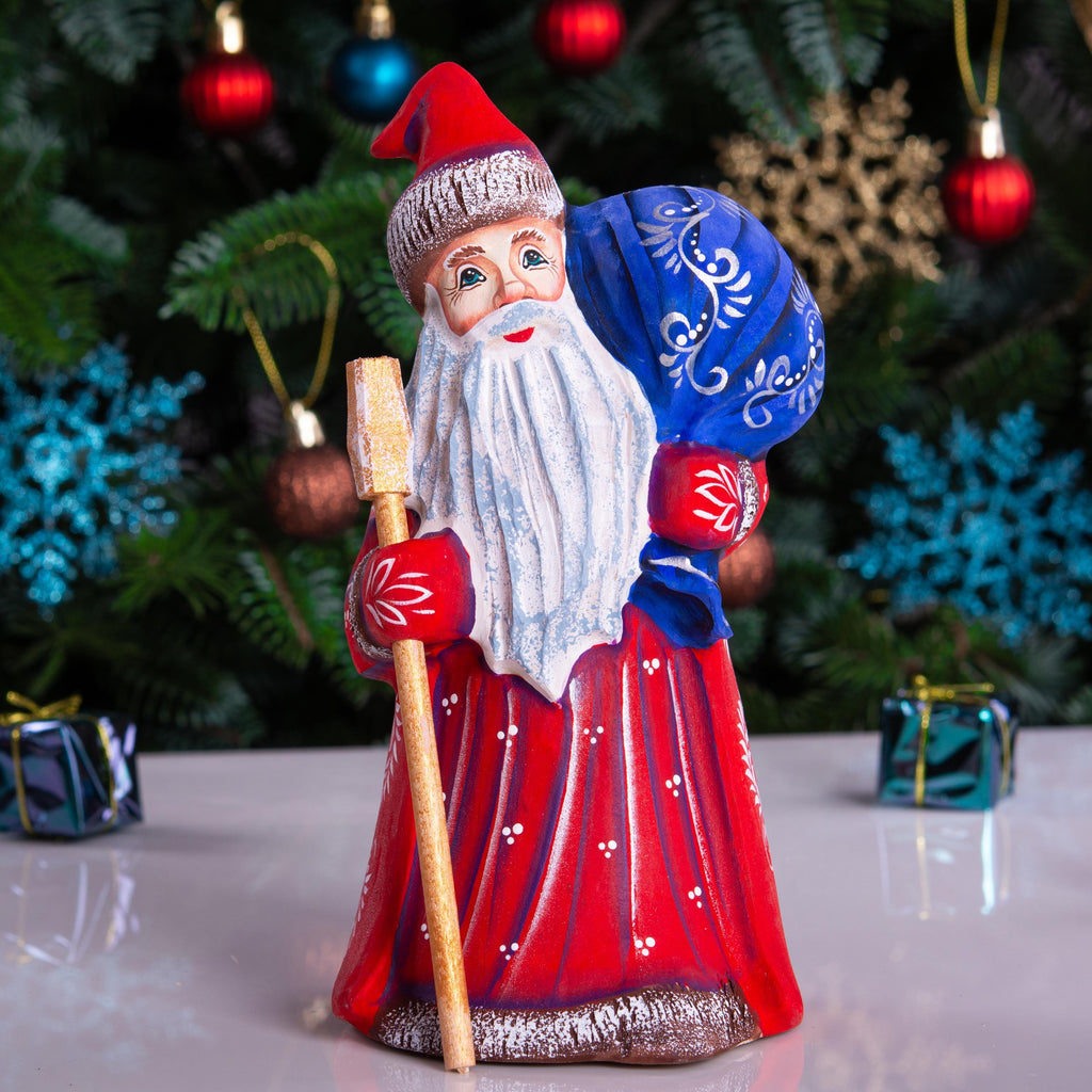 Hand carved Santa wooden figurine 8 inch, blue gift sack, shelf decor