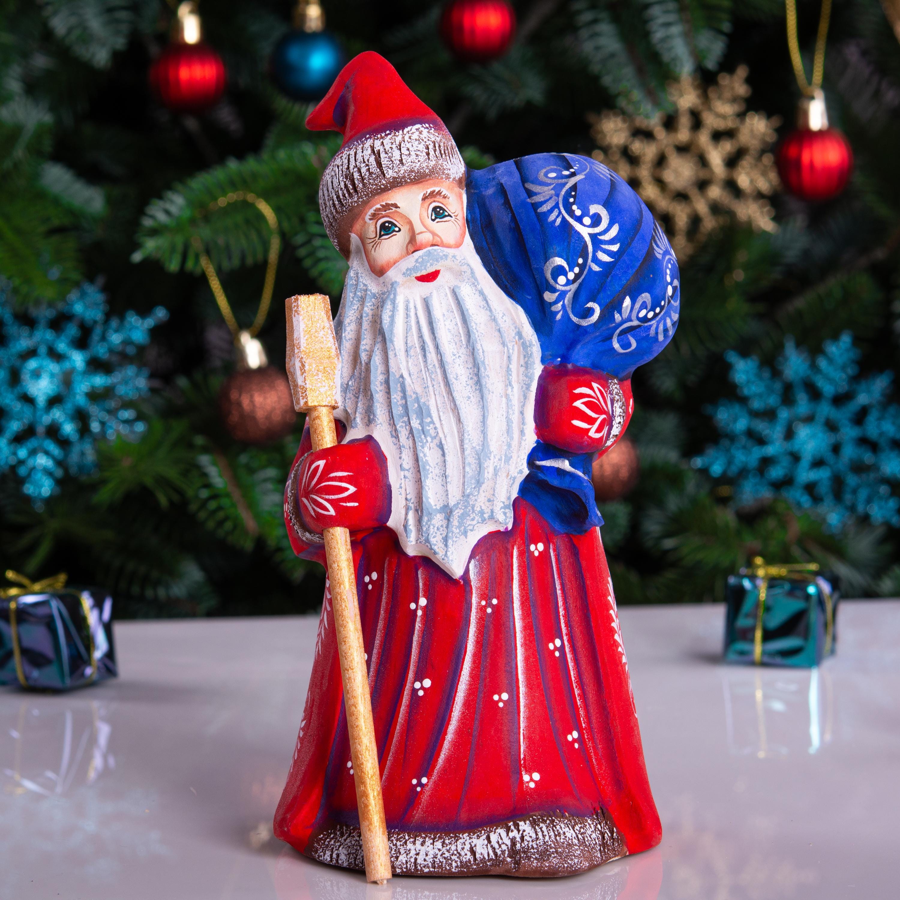 Hand carved Santa wooden figurine 8 inch, blue gift sack, shelf decor