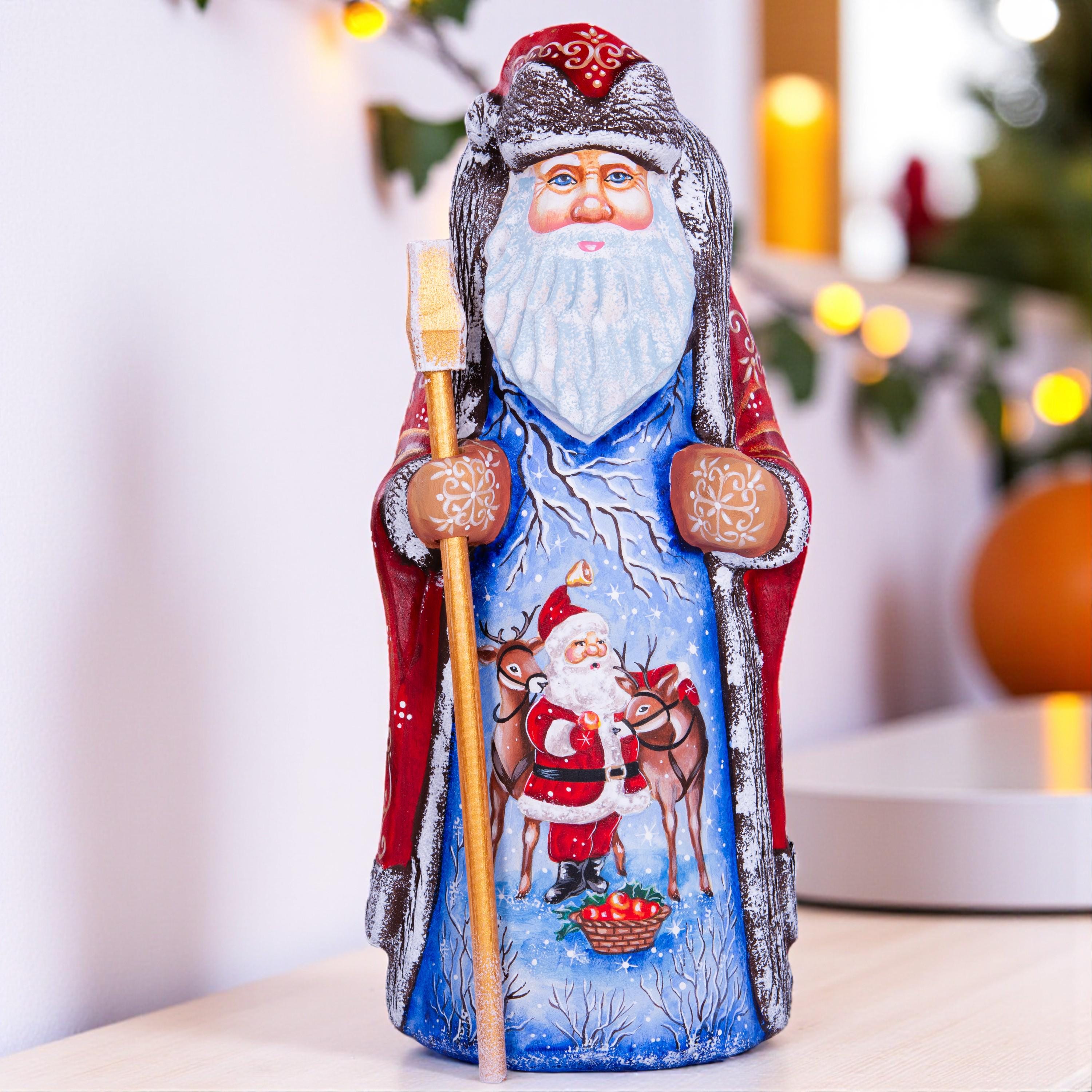 Hand carved Santa wooden figurine 9 inch, reindeer scene mantel decor