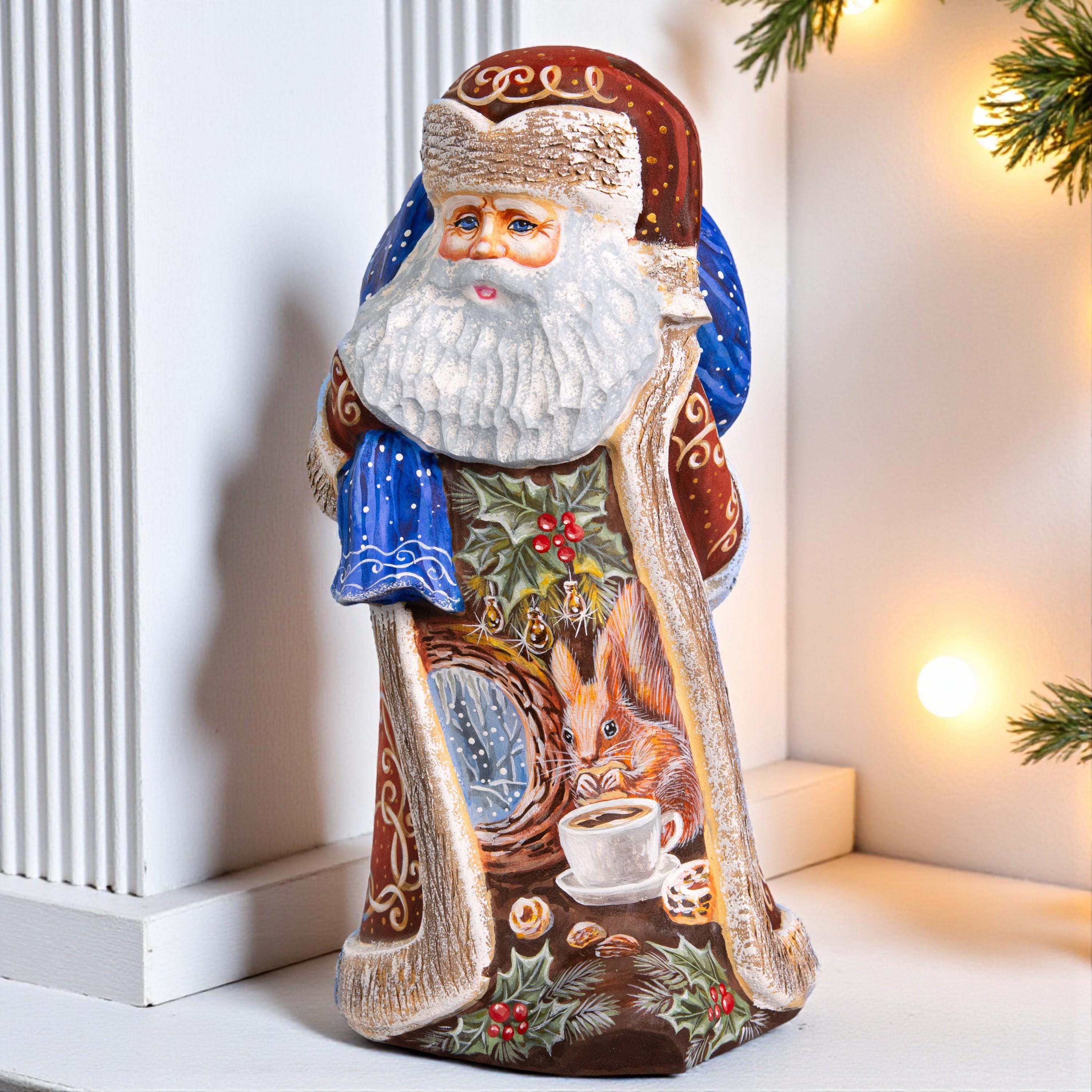 Hand Carved Santa Figure 9 inch: Snowy Cottage Scene, Signed Art
