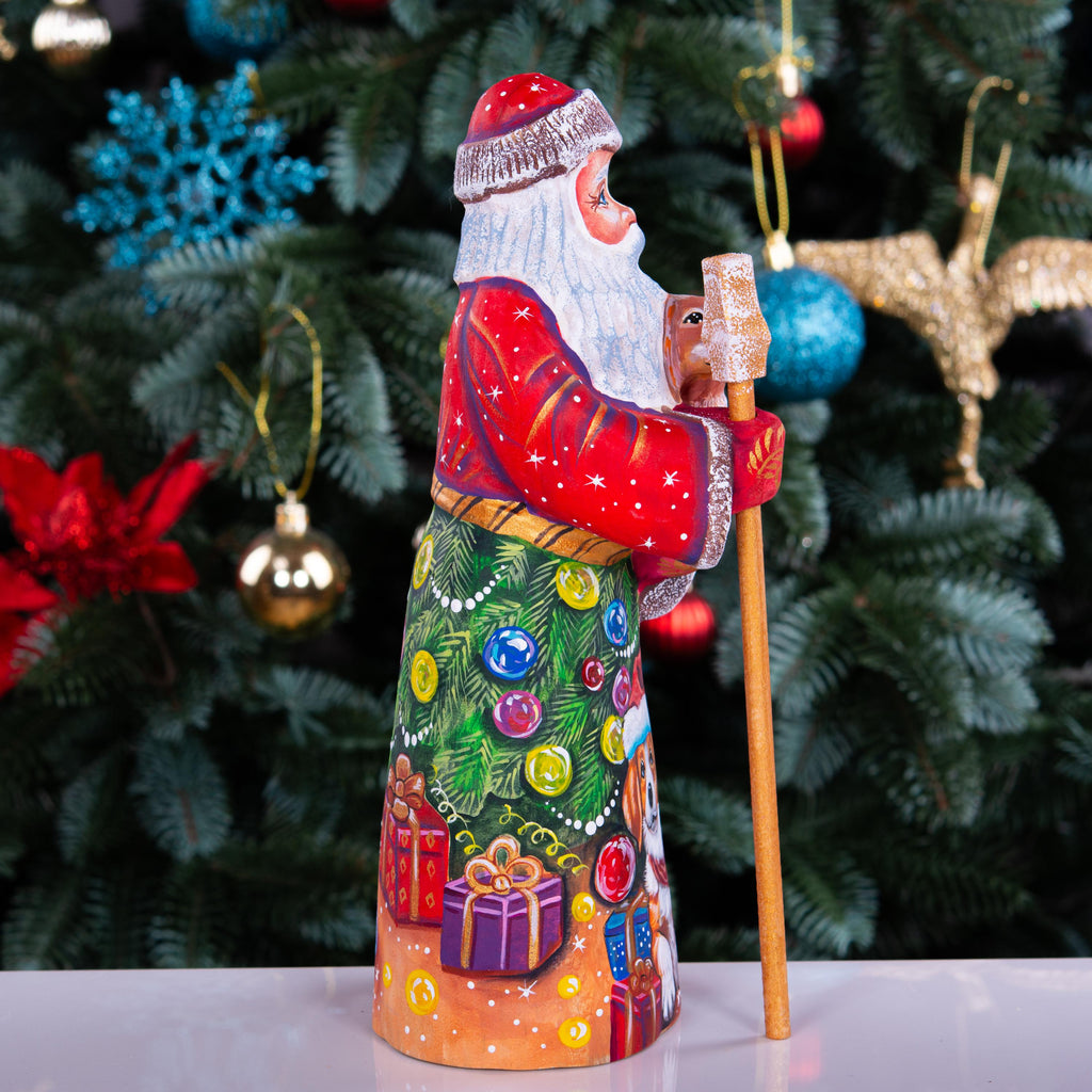 Hand Carved Santa Claus Figurine with Dog: Painted Wood Christmas Decor