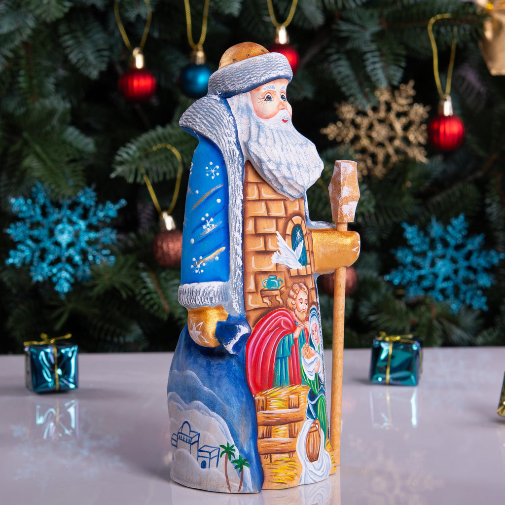 Hand carved wooden Santa nativity figurine 9 inch, Holy Family scene, Christmas mantel decor