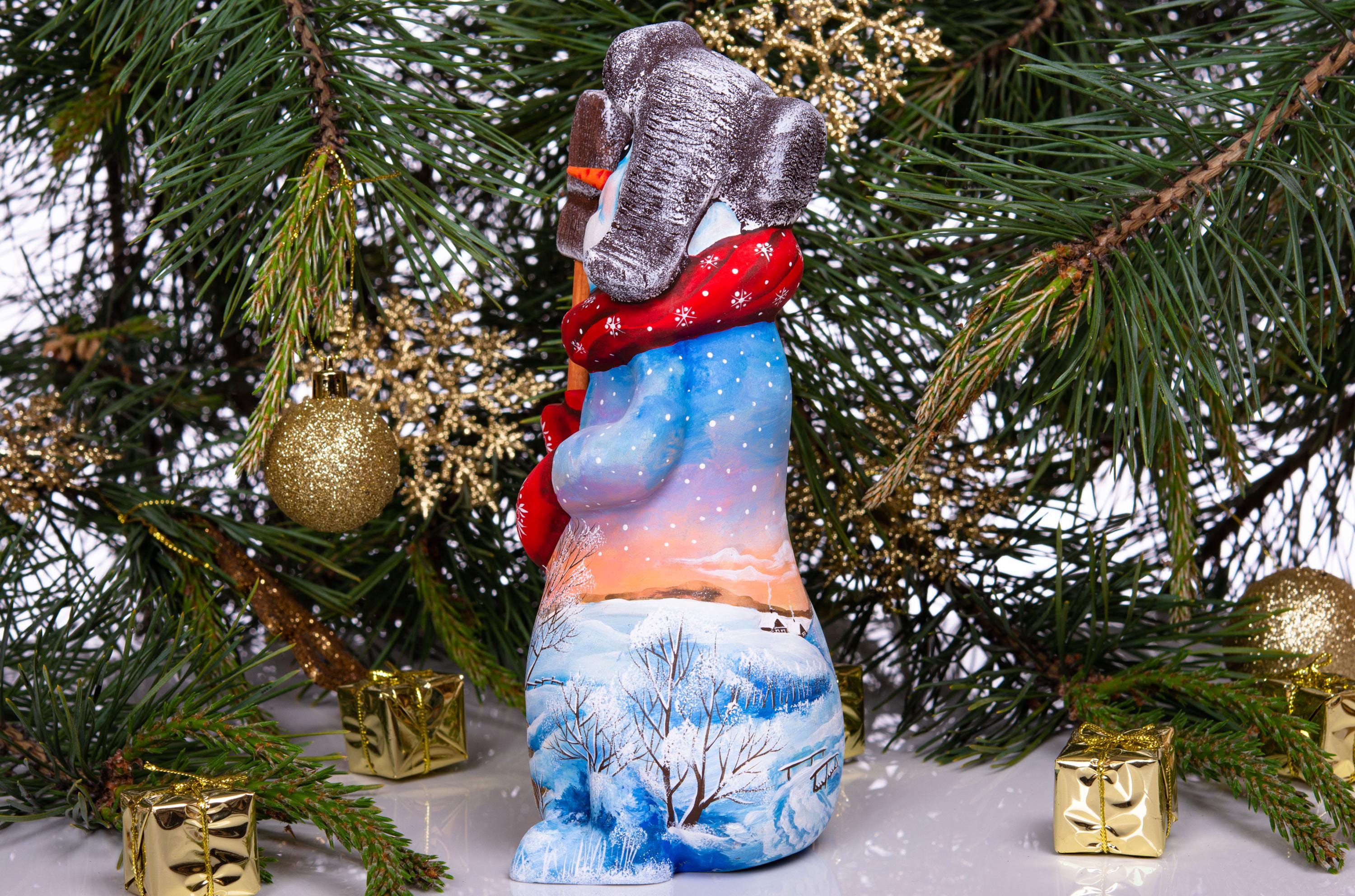Hand carved snowman wooden figurine 9.1 inch, holding broom, shelf decor