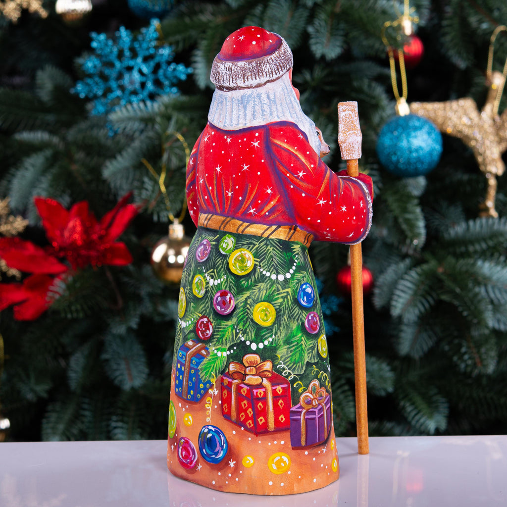 Hand Carved Santa Claus Figurine with Dog: Painted Wood Christmas Decor