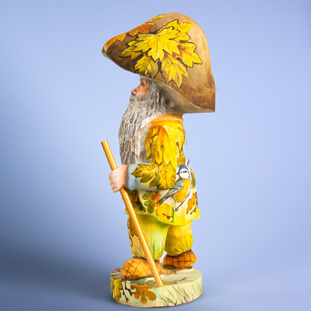 Mushroom gnome wood carving 11 inch, oak leaves, tabletop decor