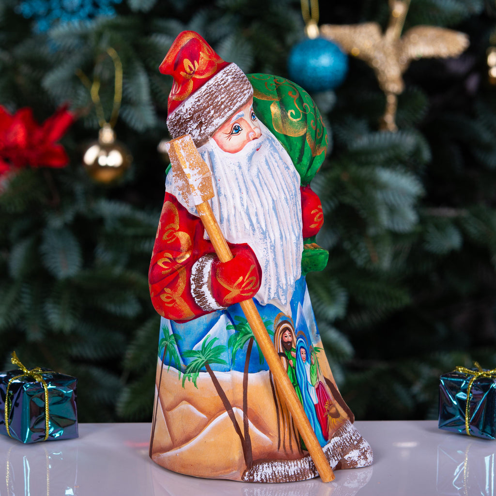 Nativity Santa wood statue 8 inch, Holy Family desert scene, religious shelf Christmas display