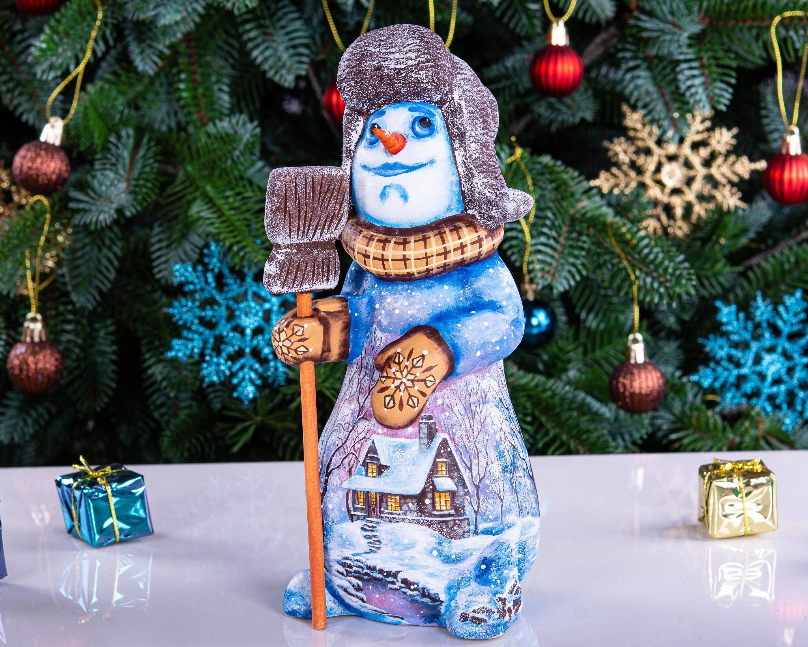 Snowman figurine in ushanka, hand painted landscape, 9.1 inch