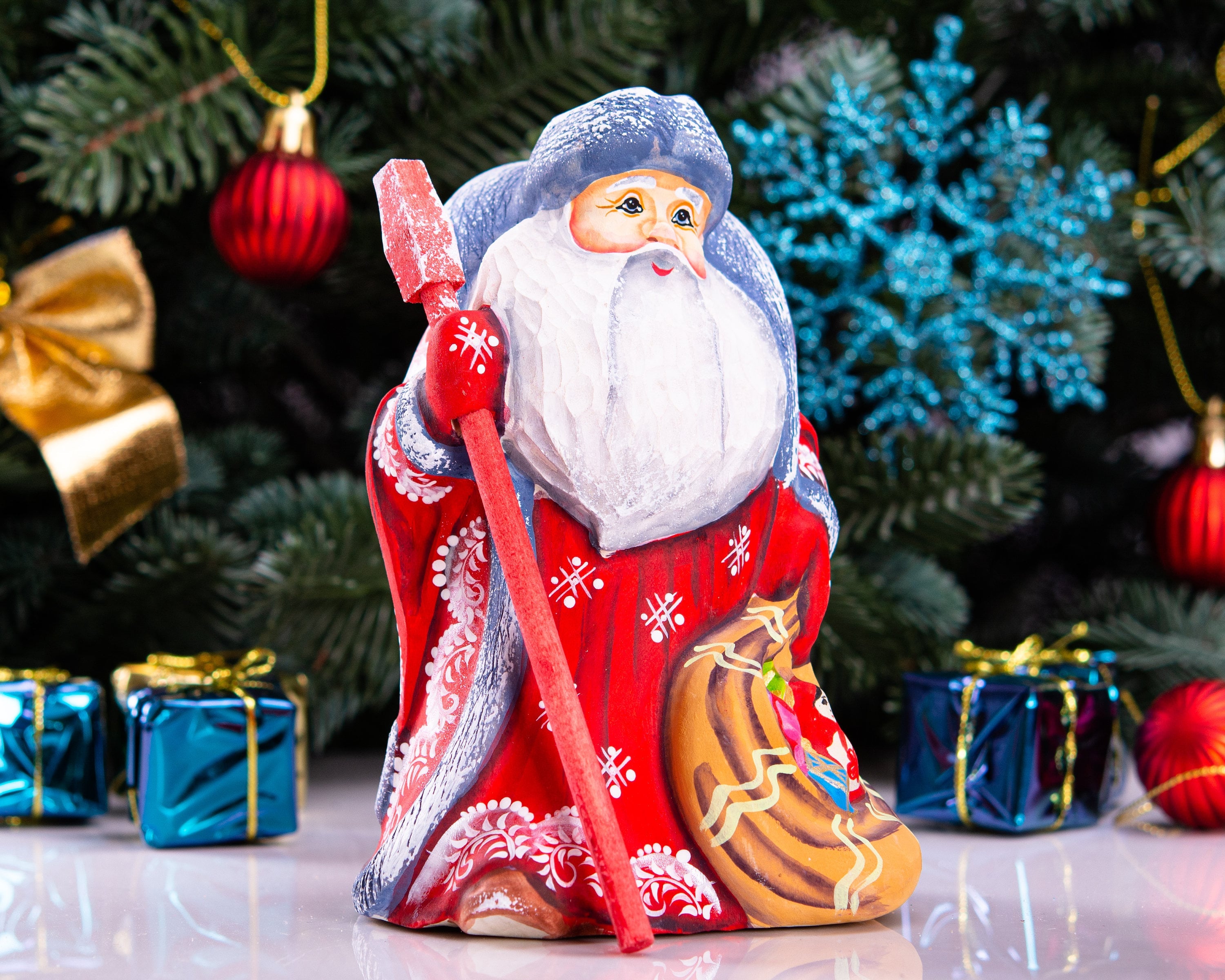 Hand carved Santa wood figurine 5.5 inch, stocking stuffer size, Christmas home decor