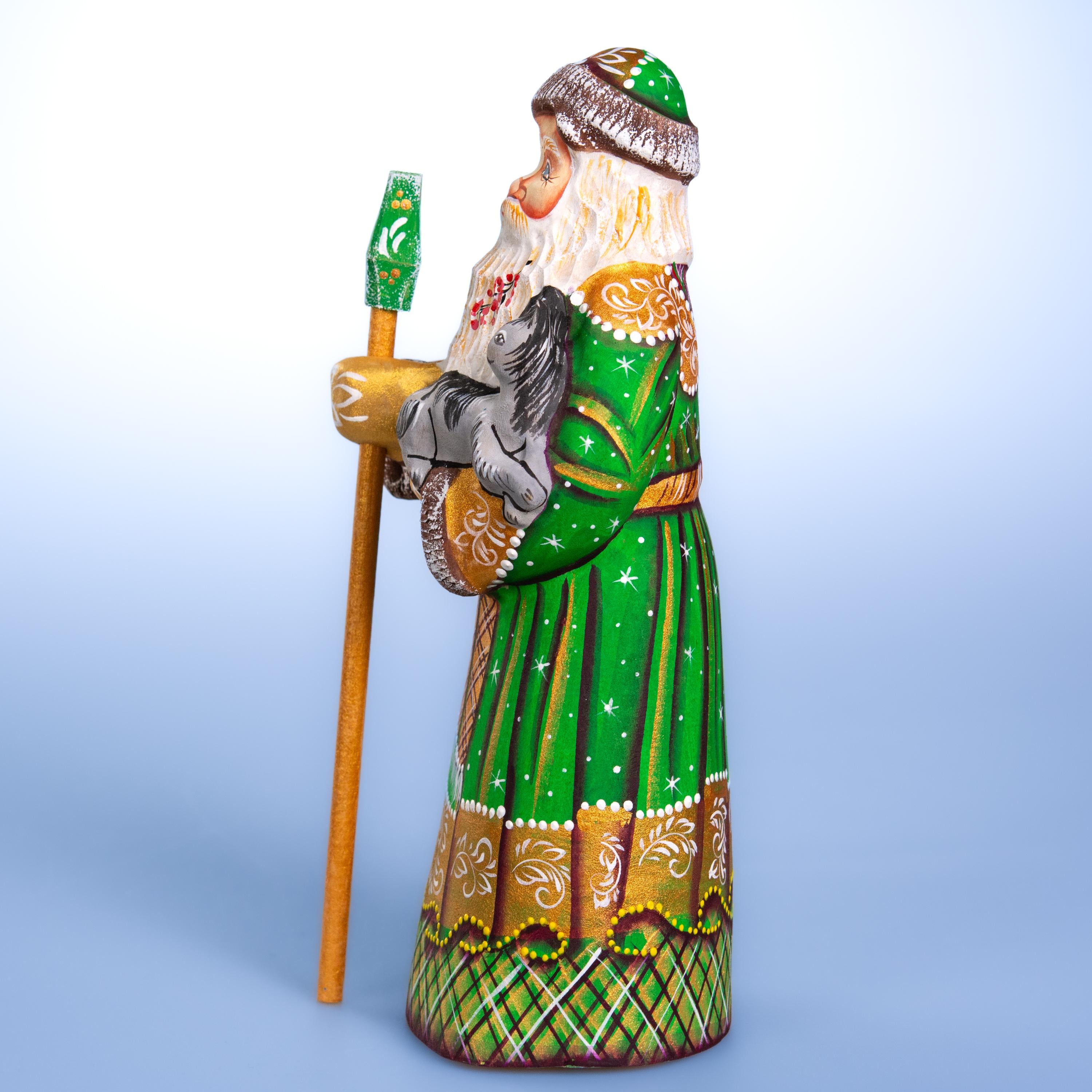 Kris Kringle wooden figurine 9 inch, green coat, cat lover gift