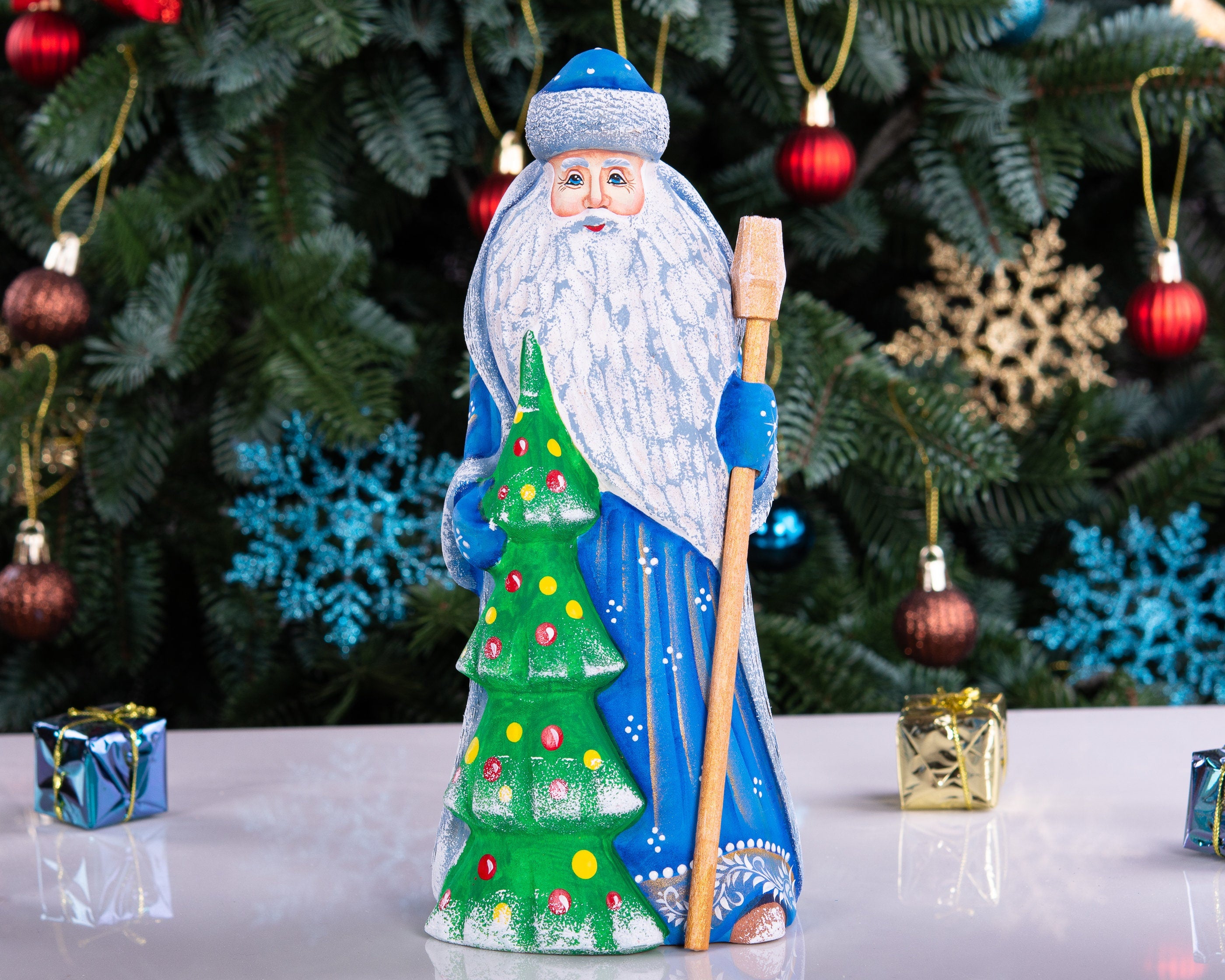 Carved wooden Santa figurine 9 inch, decorated tree, traditional Christmas gift mantel centerpiece