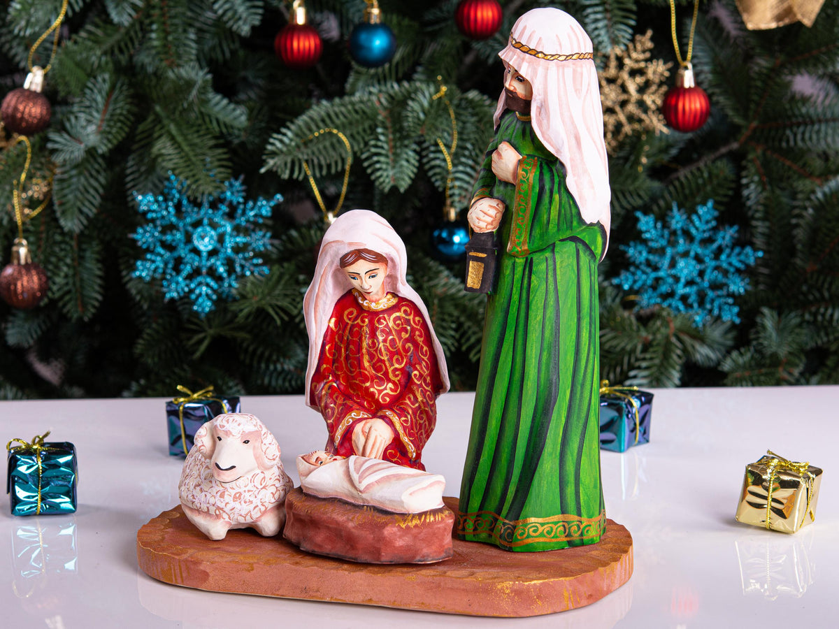Hand Carved Wooden Nativity Set: Painted Christmas Crèche with Mary, Joseph, Jesus & Sheep