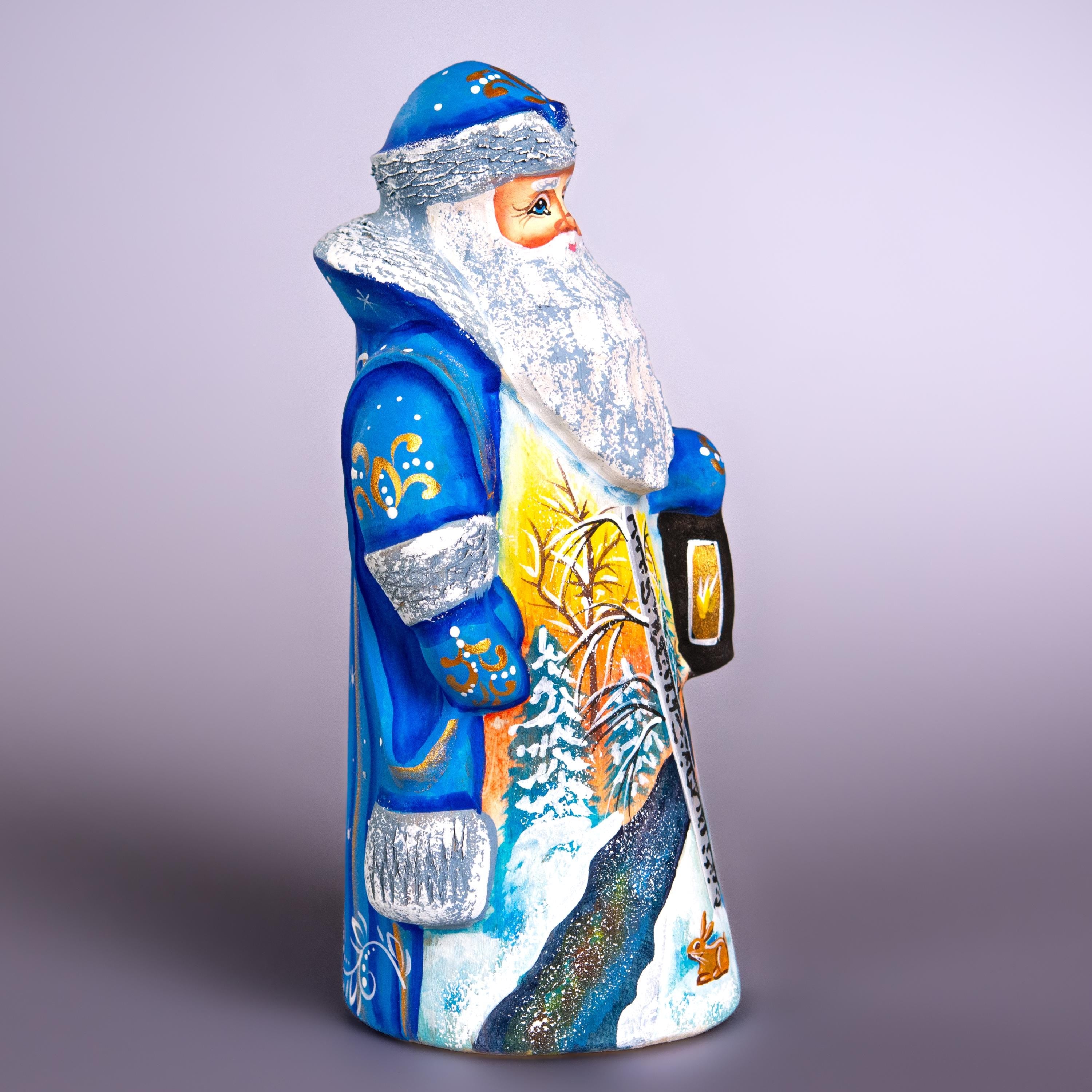 Blue Santa Figurine 7", Hand Painted Wood, Winter Landscape