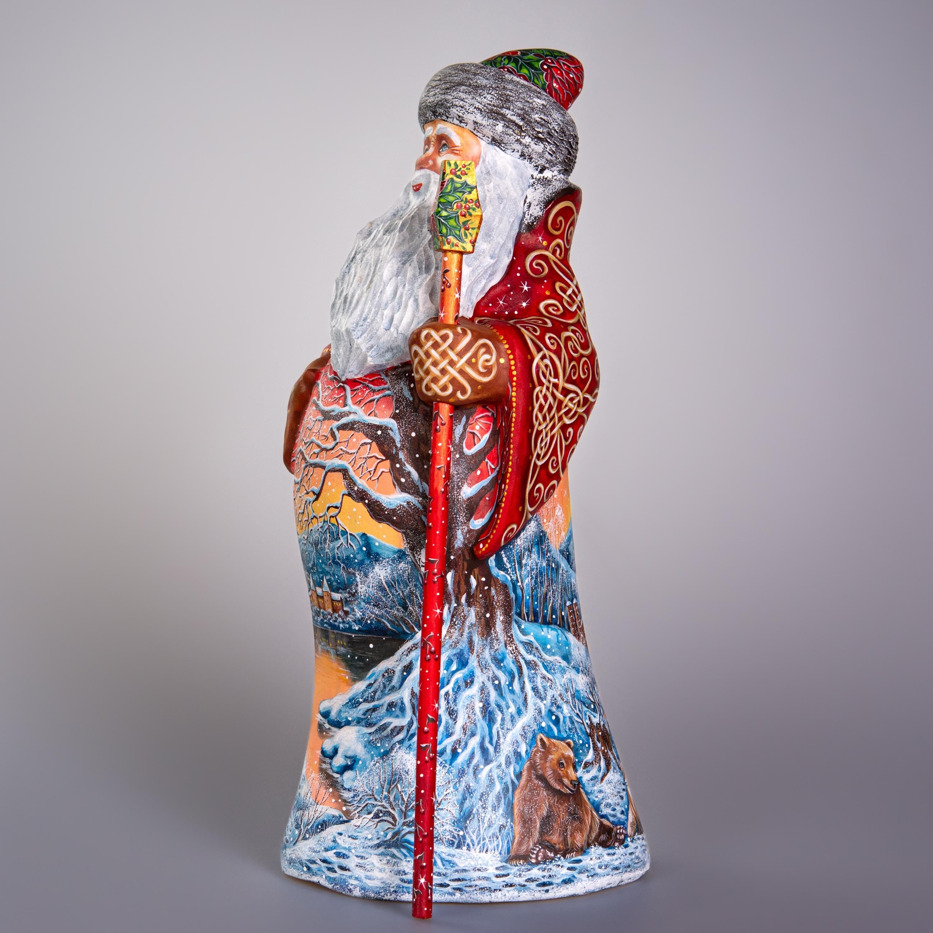 Hand carved wooden Santa figurine 13 inch, winter landscape scene, holiday centerpiece