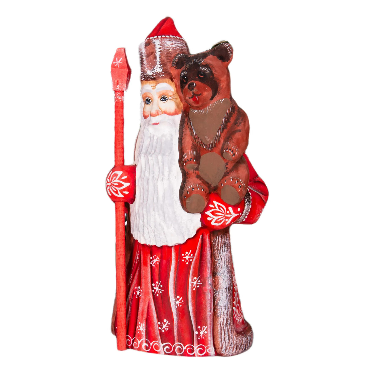 Hand carved wooden Santa figurine 8.5 inch, holding bear, holiday shelf decor
