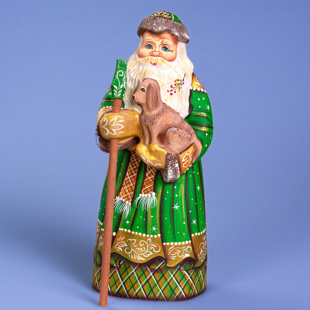 Santa with Dog Figurine 9", Green Coat, Hand Painted Wood