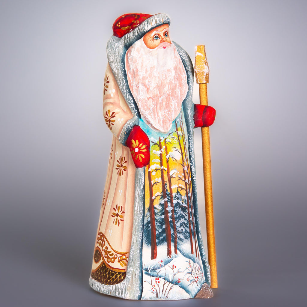Hand carved wooden Santa figurine 9 inch, winter forest landscape, holiday shelf decor