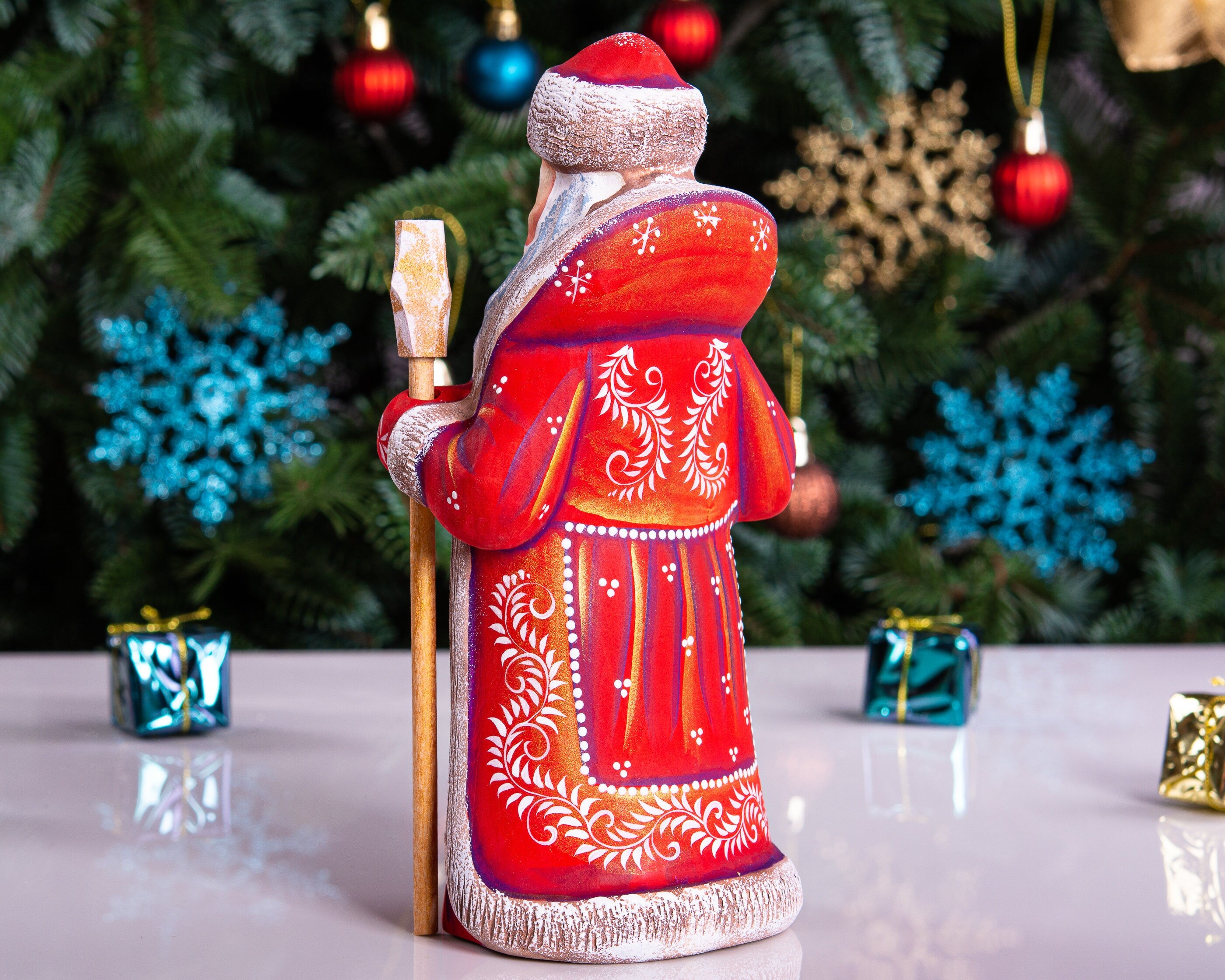 Hand carved wooden Santa figurine 8 inch, holding Christmas tree, holiday shelf decor